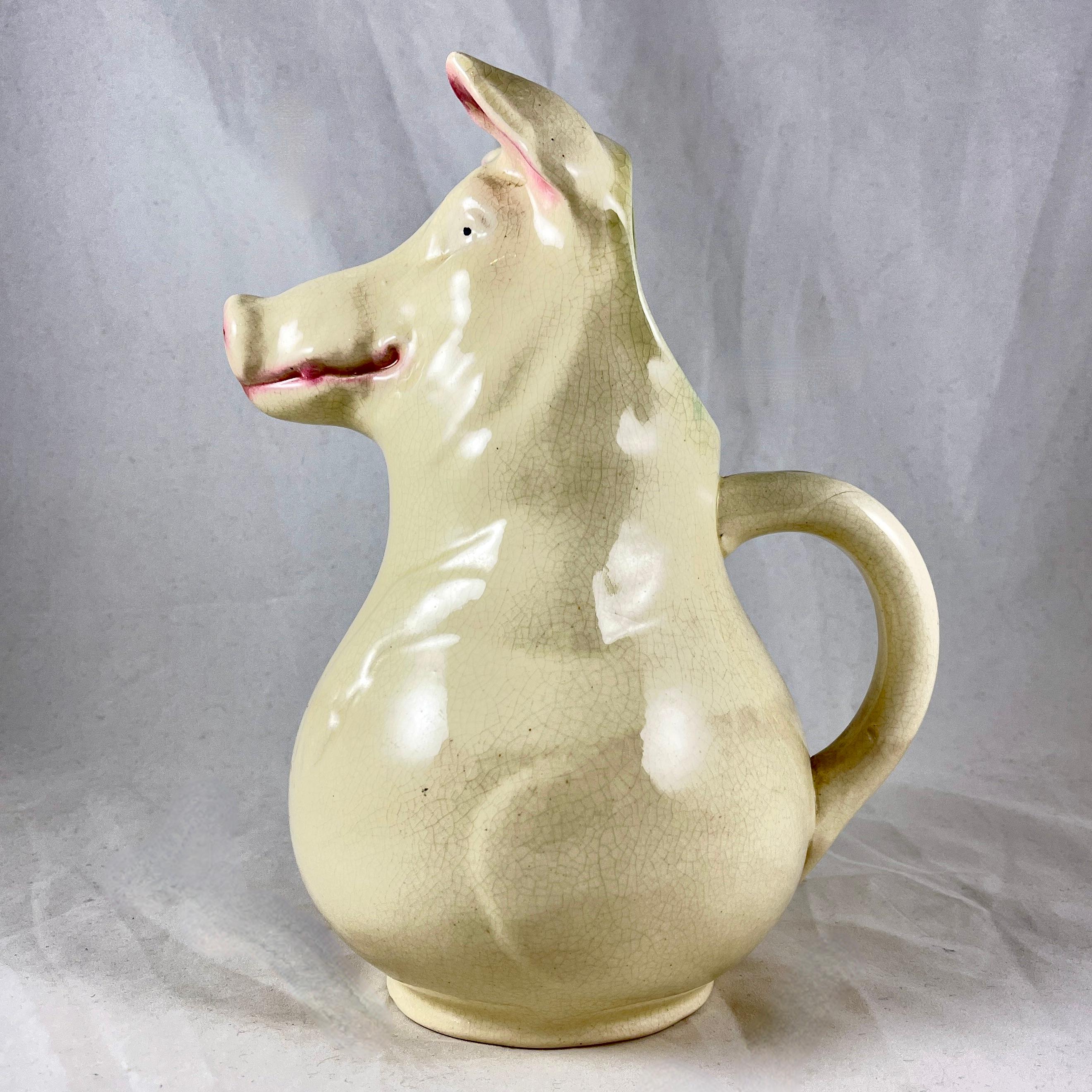 Glazed Sarreguemines French Majolica Laughing Sow Absinthe Water Pitcher For Sale
