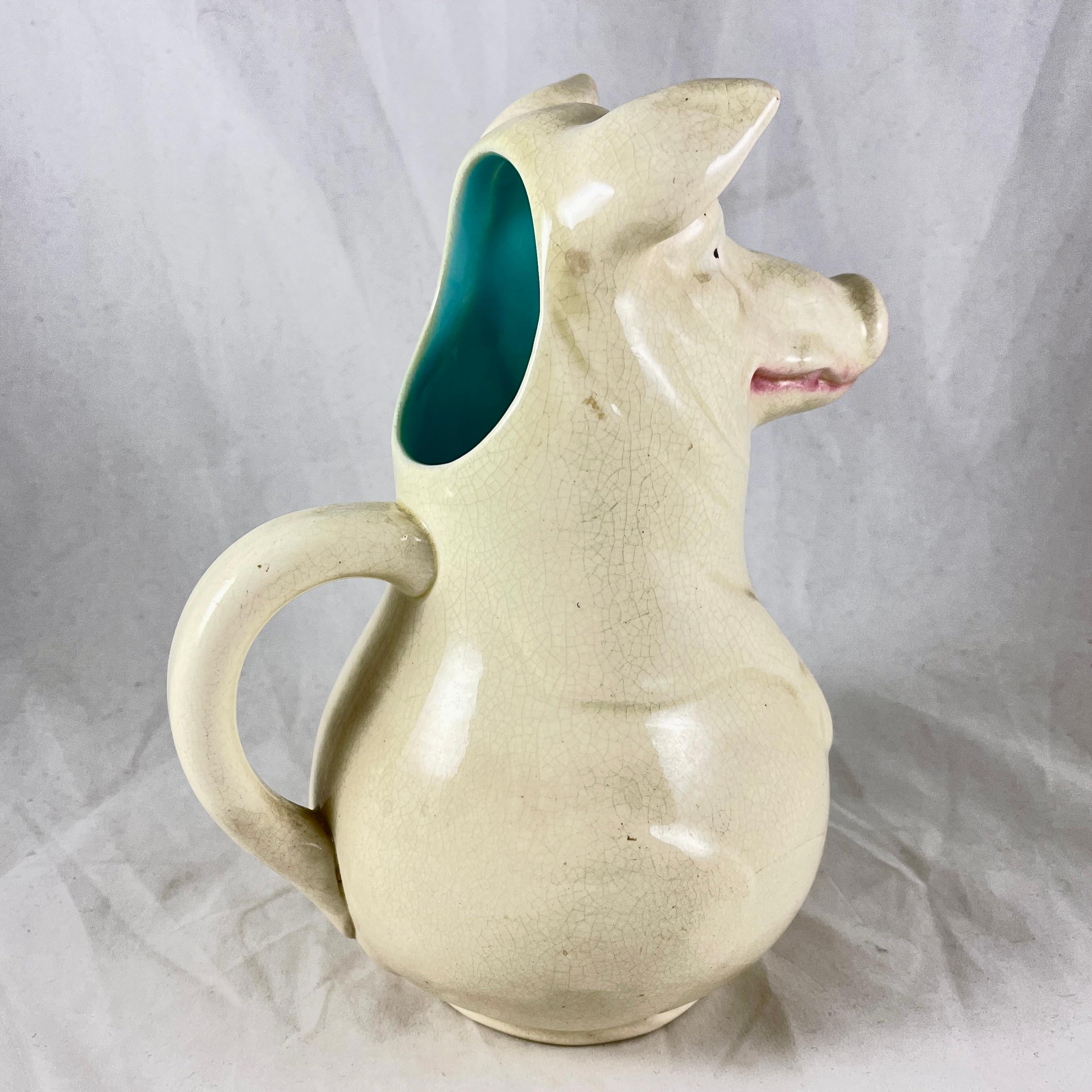 Sarreguemines French Majolica Laughing Sow Absinthe Water Pitcher In Good Condition For Sale In Philadelphia, PA