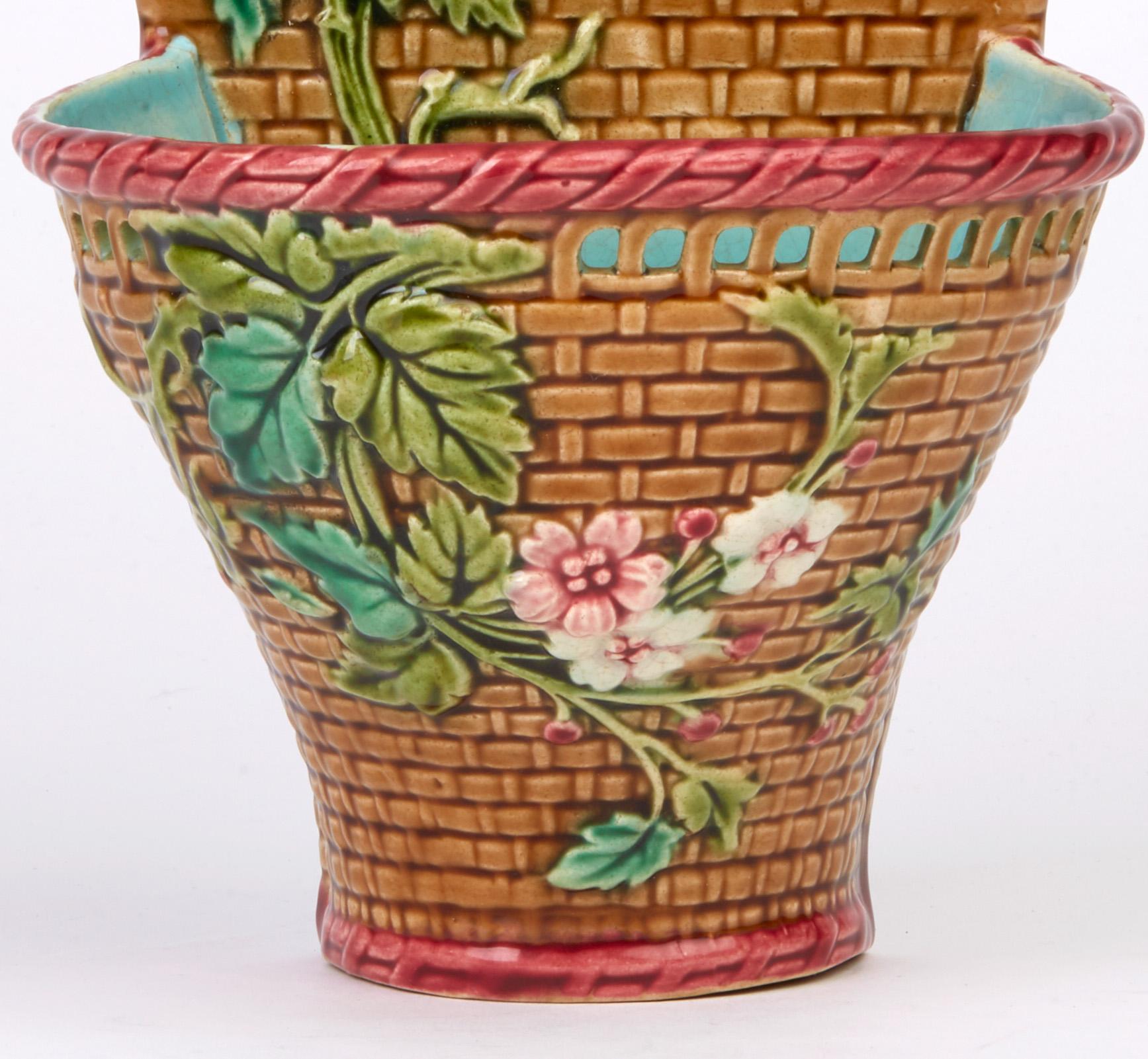 Hand-Painted Sarreguemines French Majolica Pottery Wall Pocket, circa 1885 For Sale