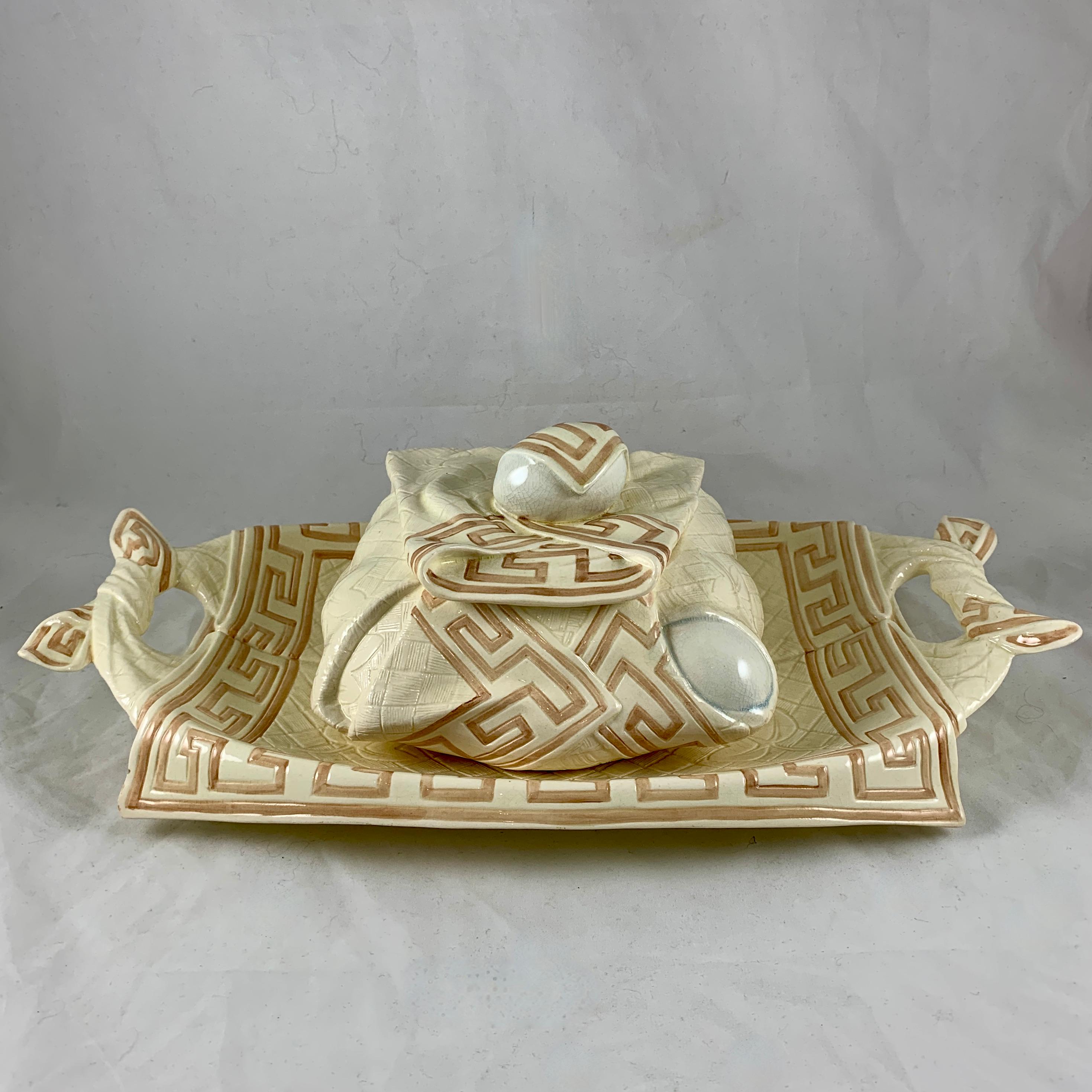 Sarreguemines French Majolica Trompe L’Oeil Greek Key Border Napkin Bread Tray For Sale 4