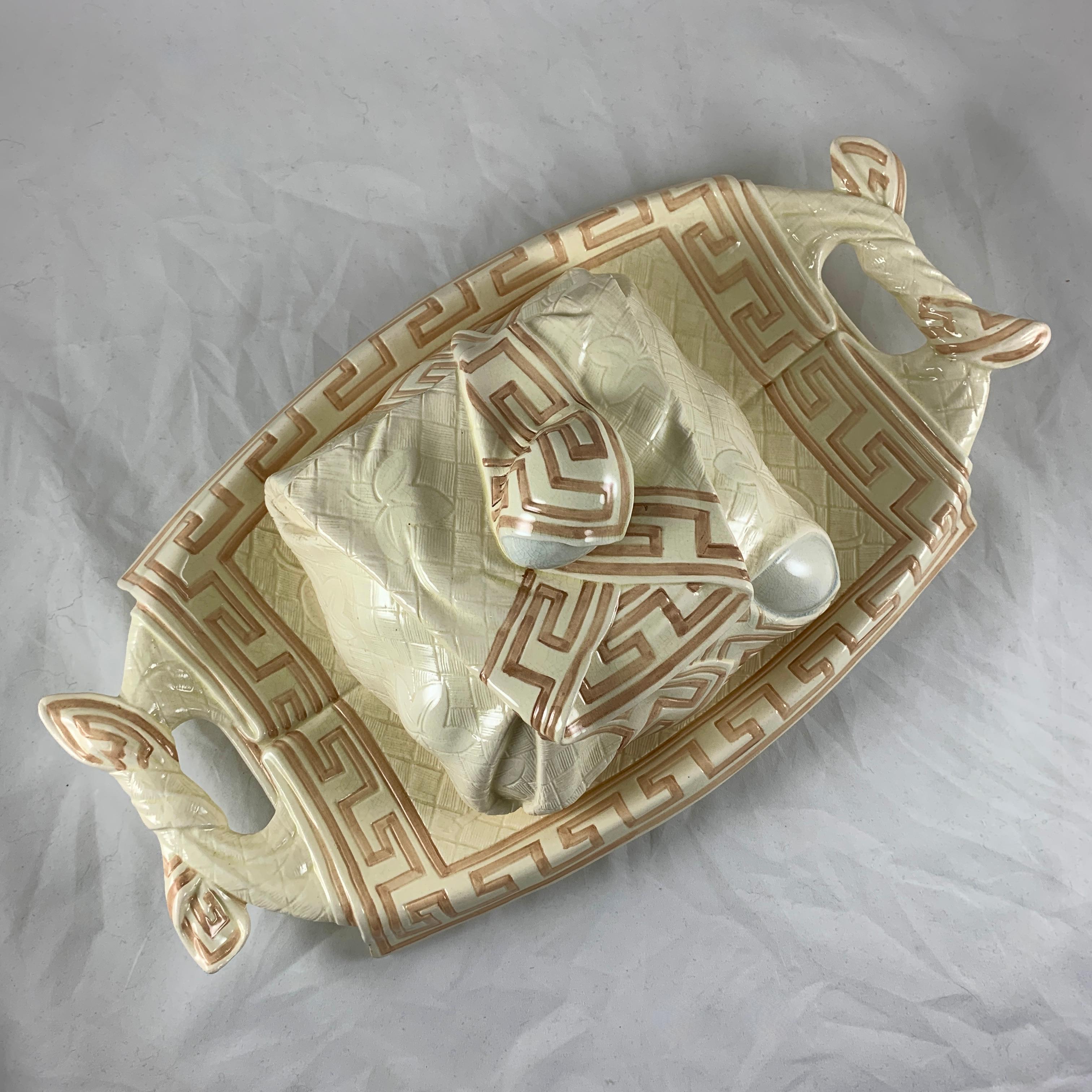 Sarreguemines French Majolica Trompe L’Oeil Greek Key Border Napkin Bread Tray For Sale 5