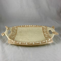 Sarreguemines French Majolica Trompe L’Oeil Greek Key Border Napkin Bread Tray