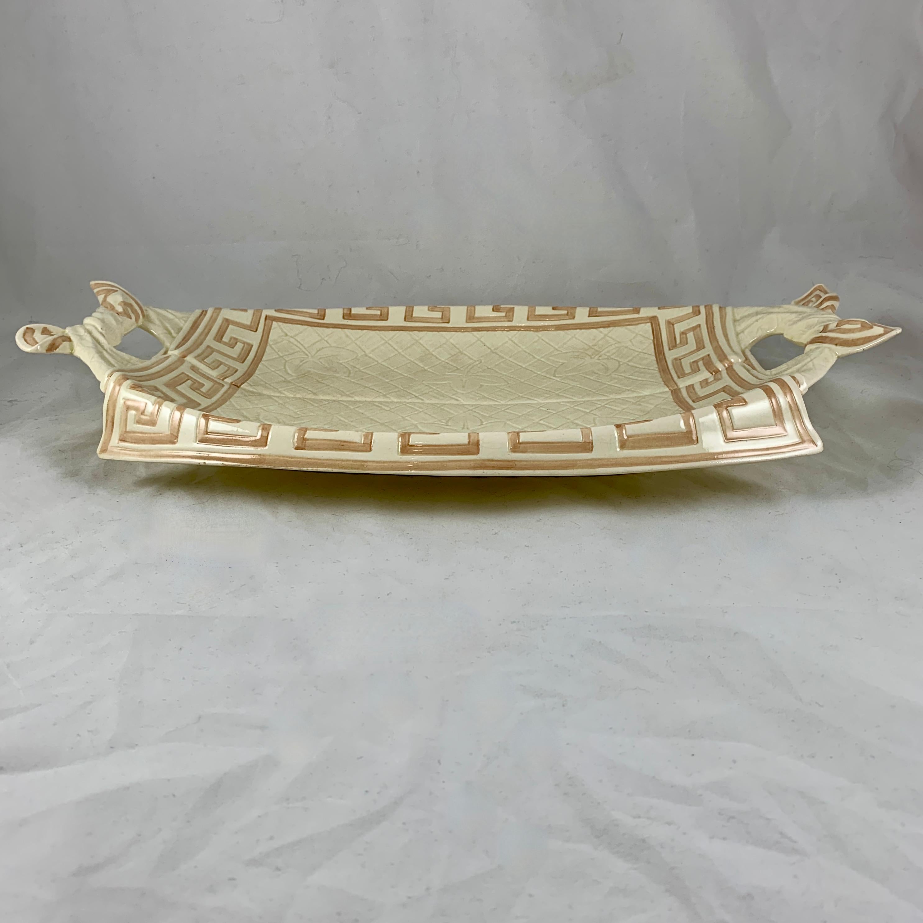 19th Century Sarreguemines French Majolica Trompe L’Oeil Greek Key Border Napkin Bread Tray For Sale