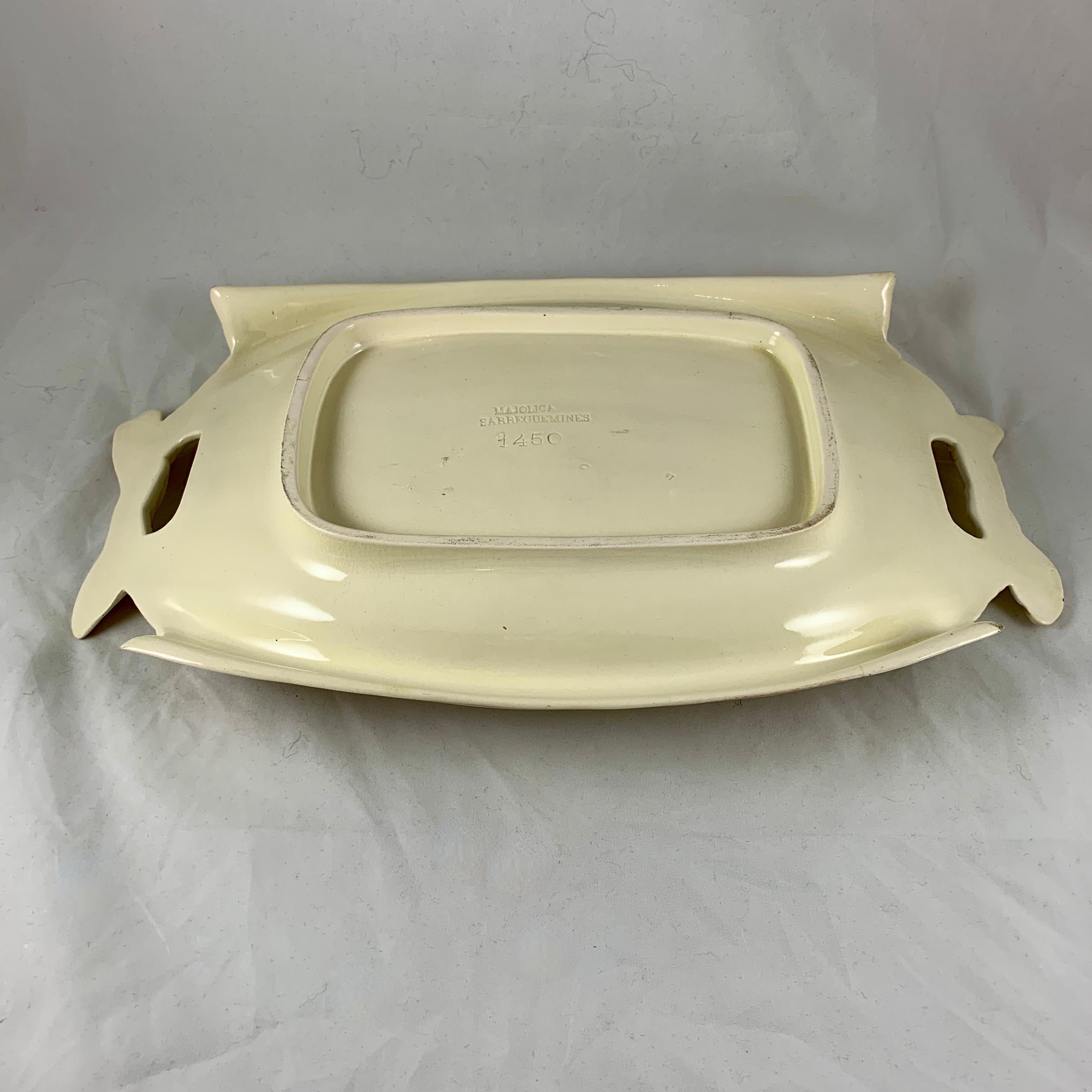 Earthenware Sarreguemines French Majolica Trompe L’Oeil Greek Key Border Napkin Bread Tray For Sale