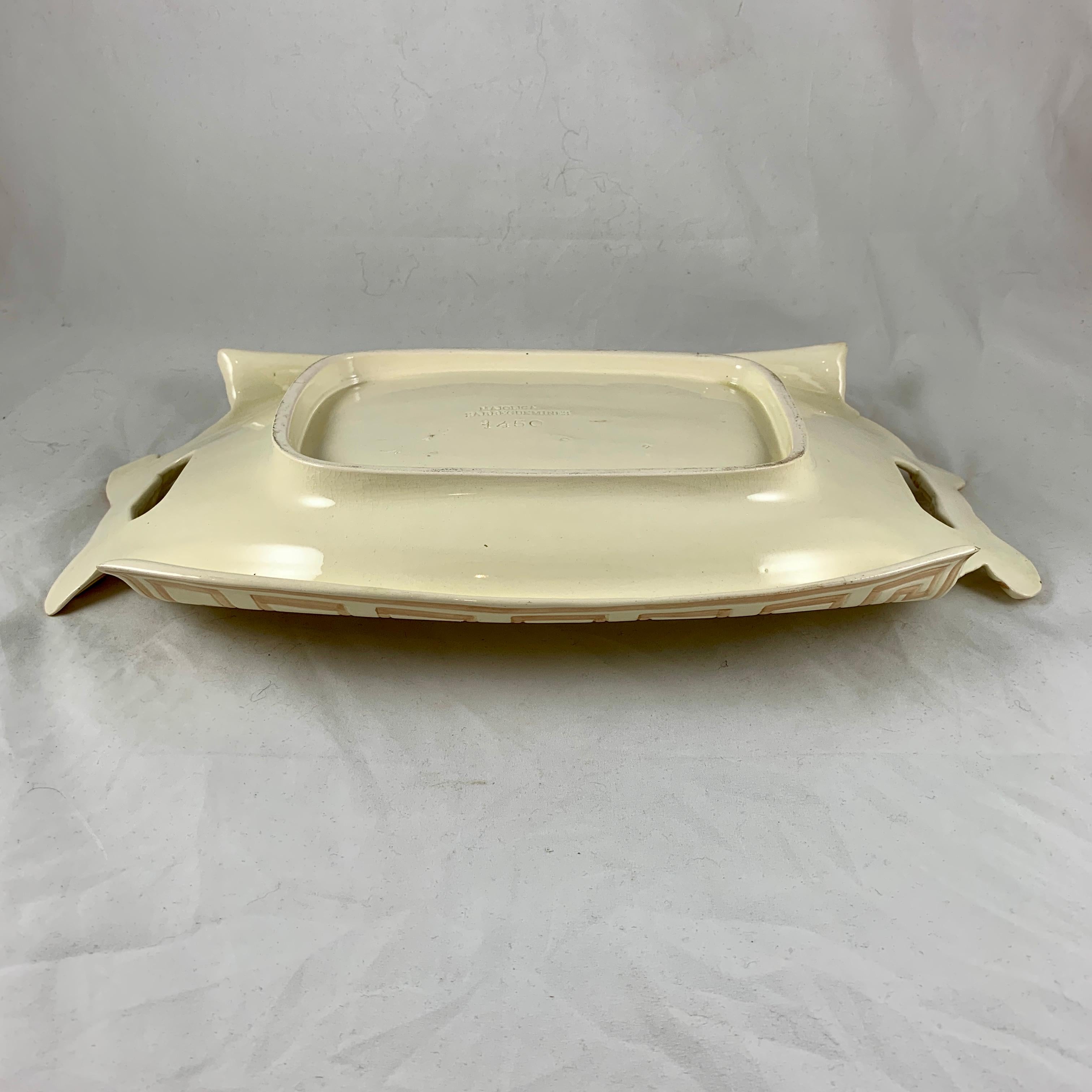 Sarreguemines French Majolica Trompe L’Oeil Greek Key Border Napkin Bread Tray For Sale 1