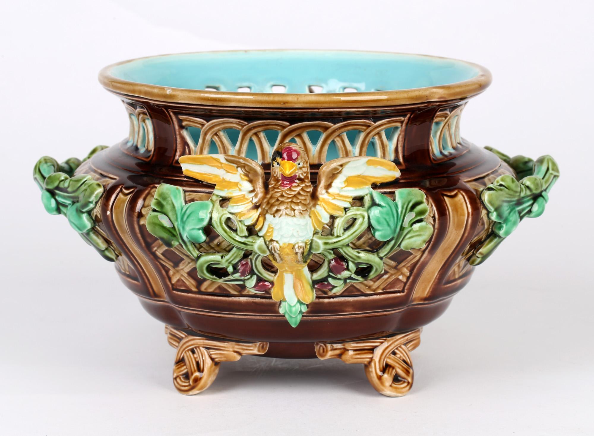 Sarreguemines French Majolica Twin Handle Bird Mounted Pottery Bowl For Sale 2