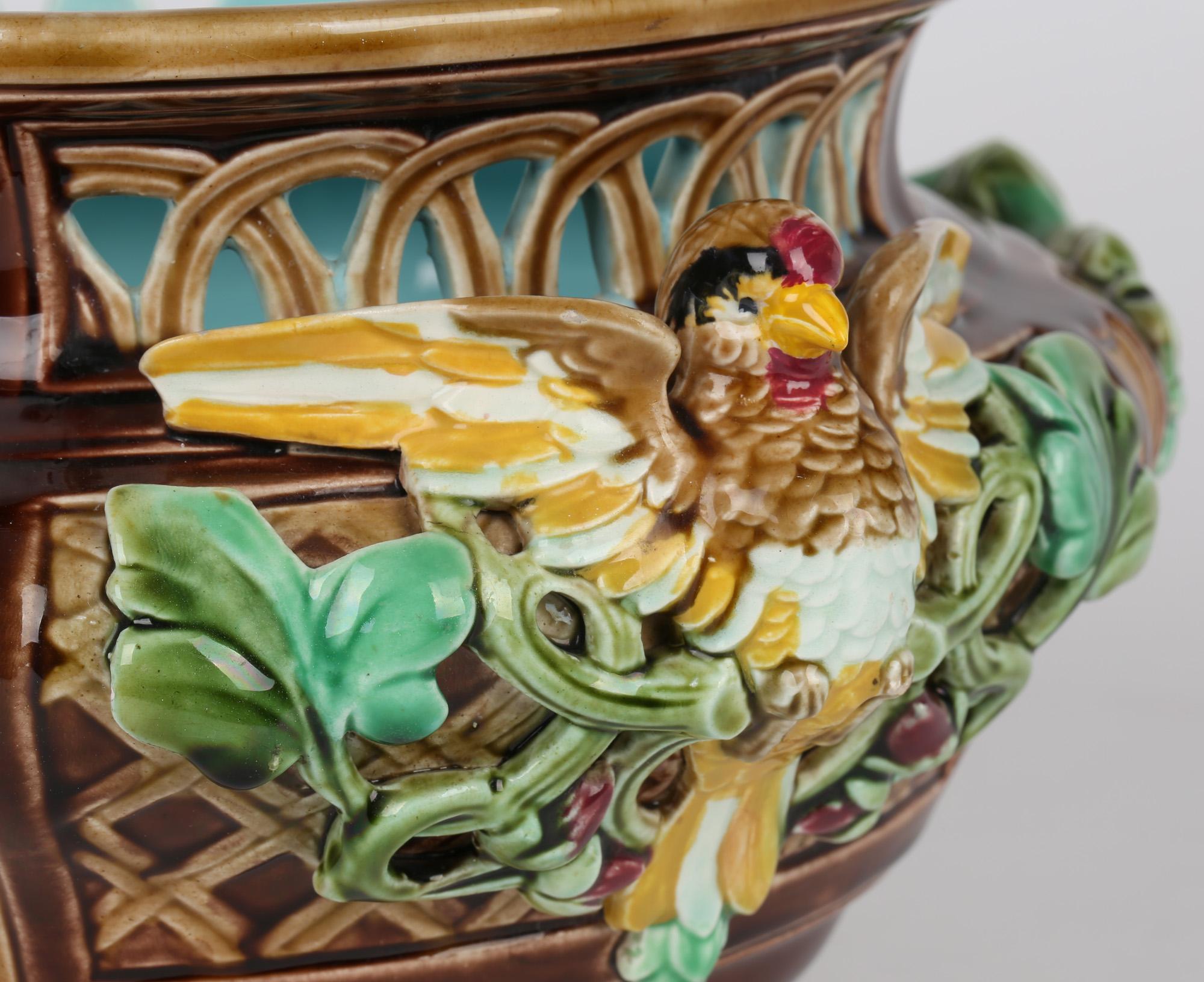 Sarreguemines French Majolica Twin Handle Bird Mounted Pottery Bowl For Sale 3