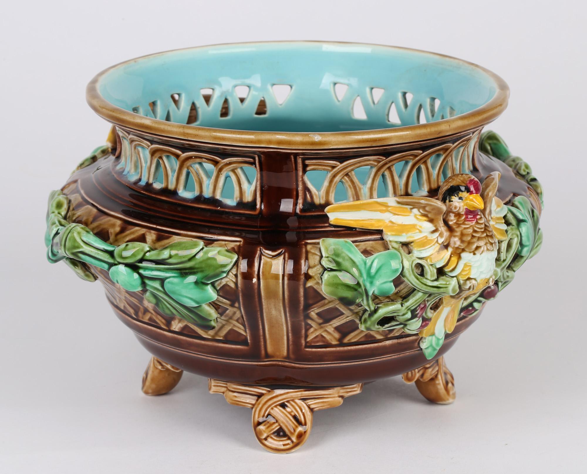 Sarreguemines French Majolica Twin Handle Bird Mounted Pottery Bowl For Sale 4