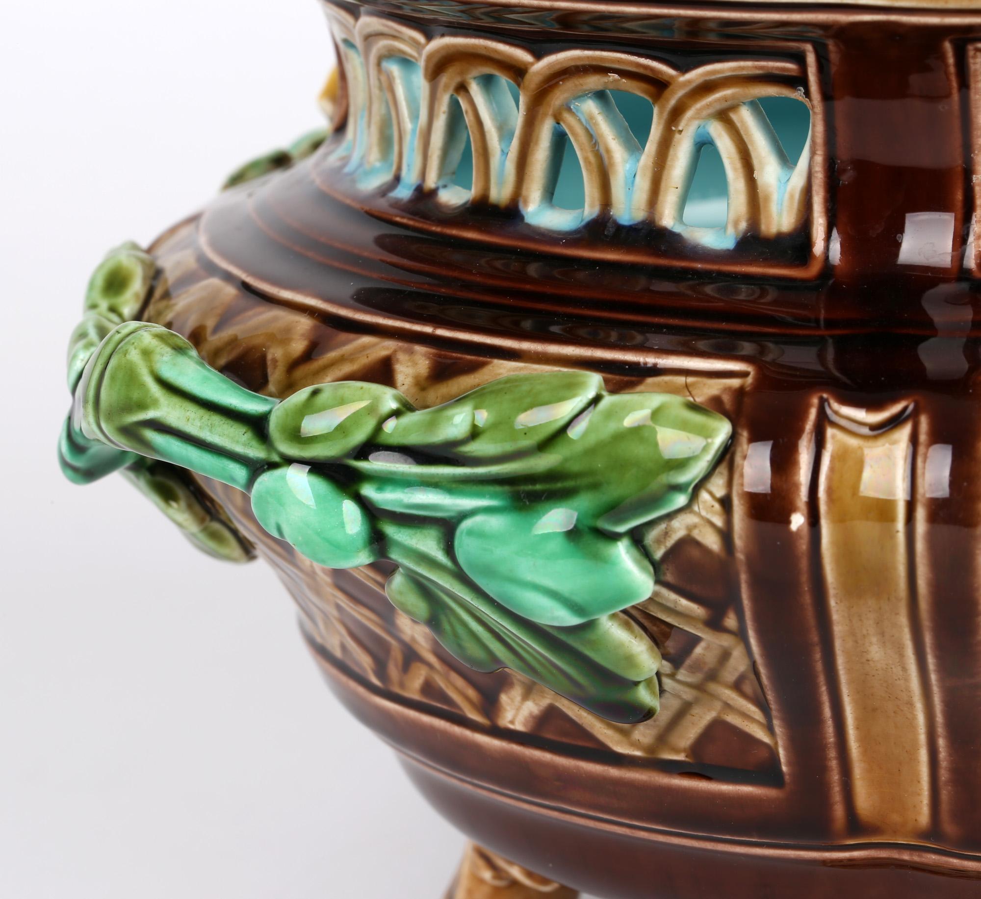 Sarreguemines French Majolica Twin Handle Bird Mounted Pottery Bowl For Sale 5
