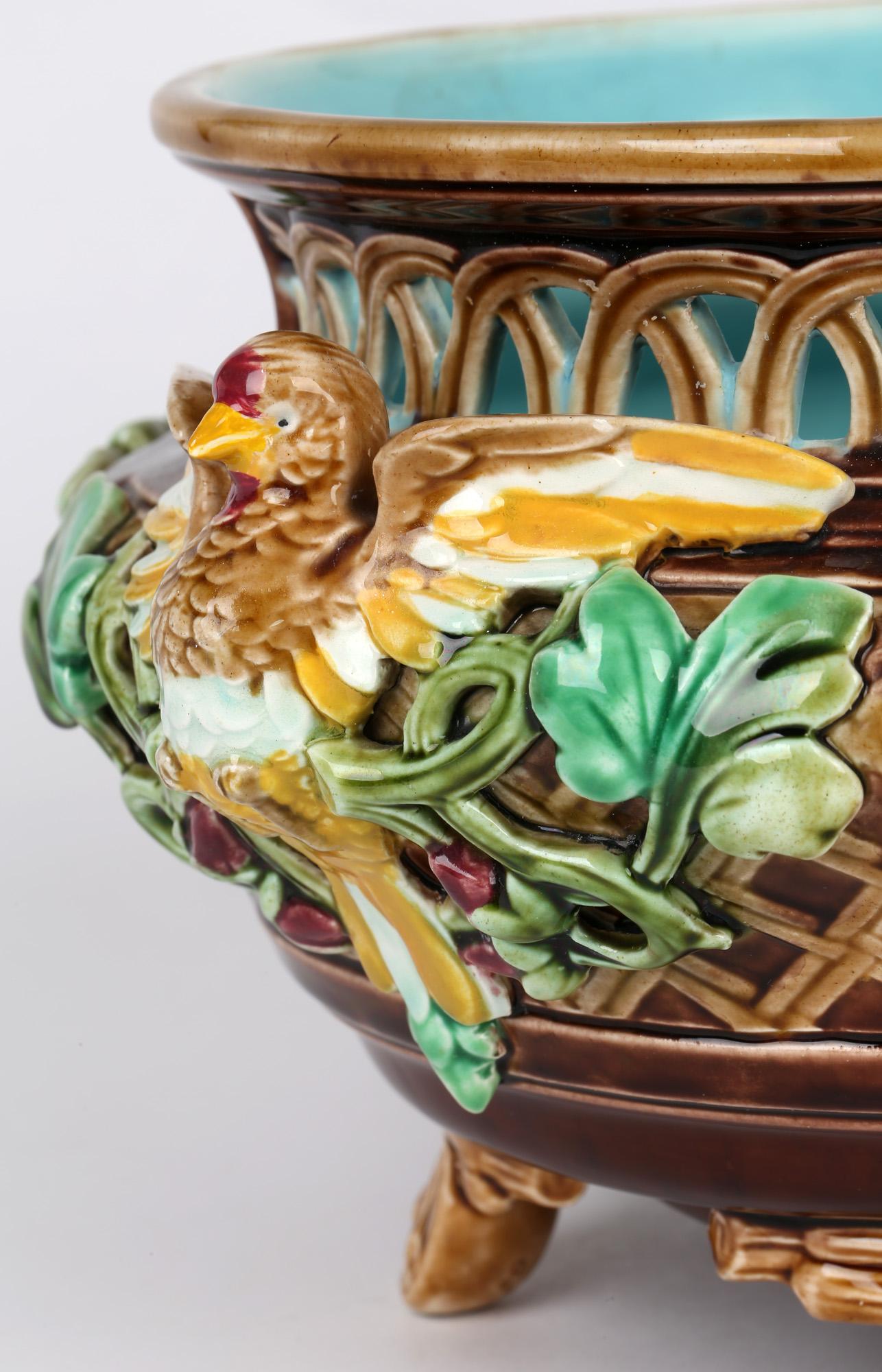 Sarreguemines French Majolica Twin Handle Bird Mounted Pottery Bowl For Sale 6