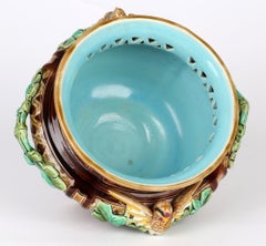 Sarreguemines French Majolica Twin Handle Bird Mounted Pottery Bowl