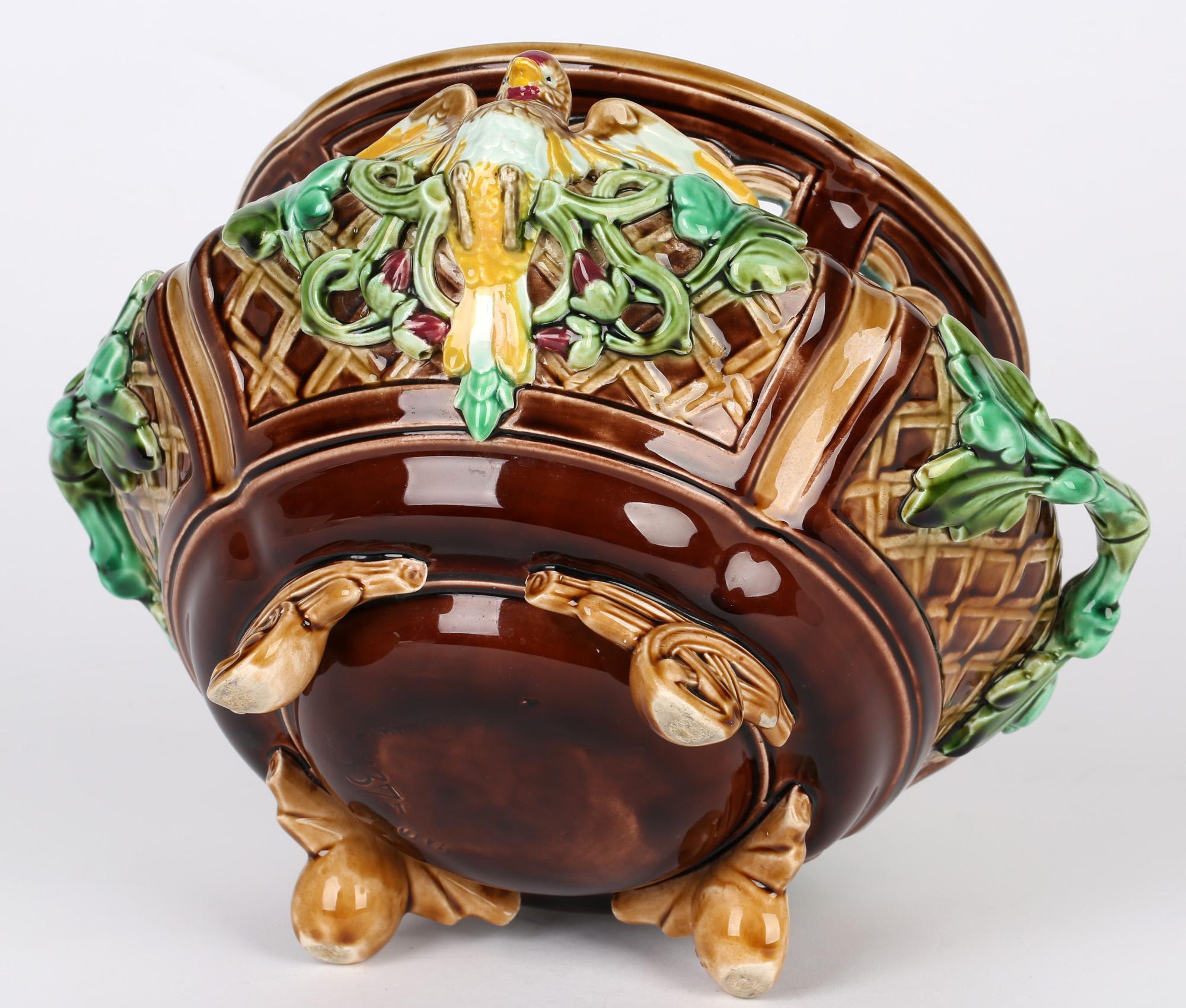 Hand-Painted Sarreguemines French Majolica Twin Handle Bird Mounted Pottery Bowl For Sale