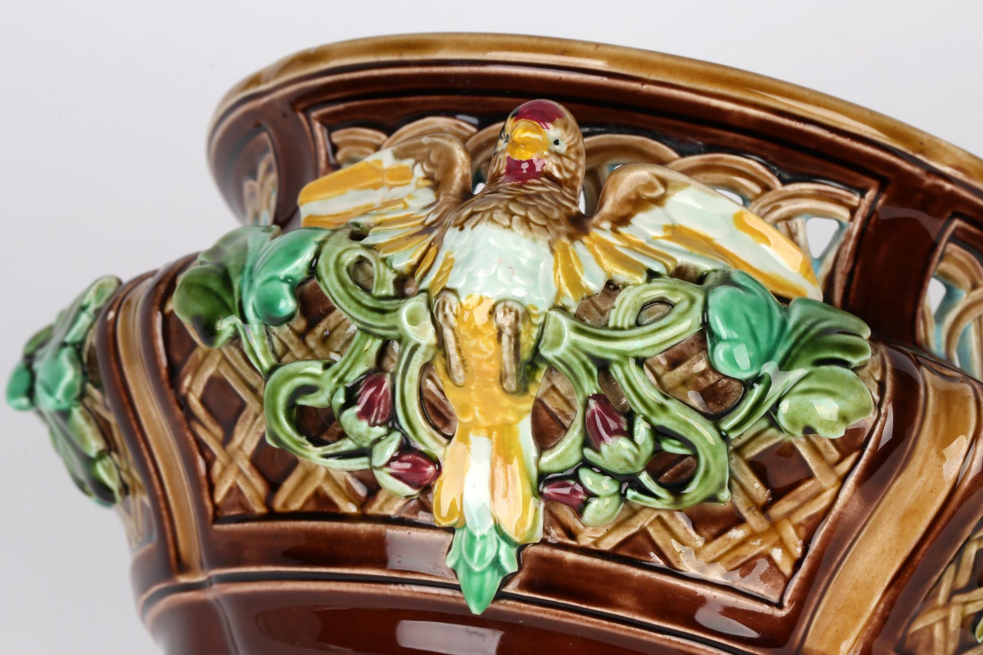 19th Century Sarreguemines French Majolica Twin Handle Bird Mounted Pottery Bowl For Sale