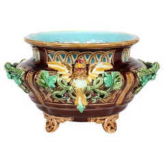 Antique Sarreguemines French Majolica Twin Handle Bird Mounted Pottery Bowl