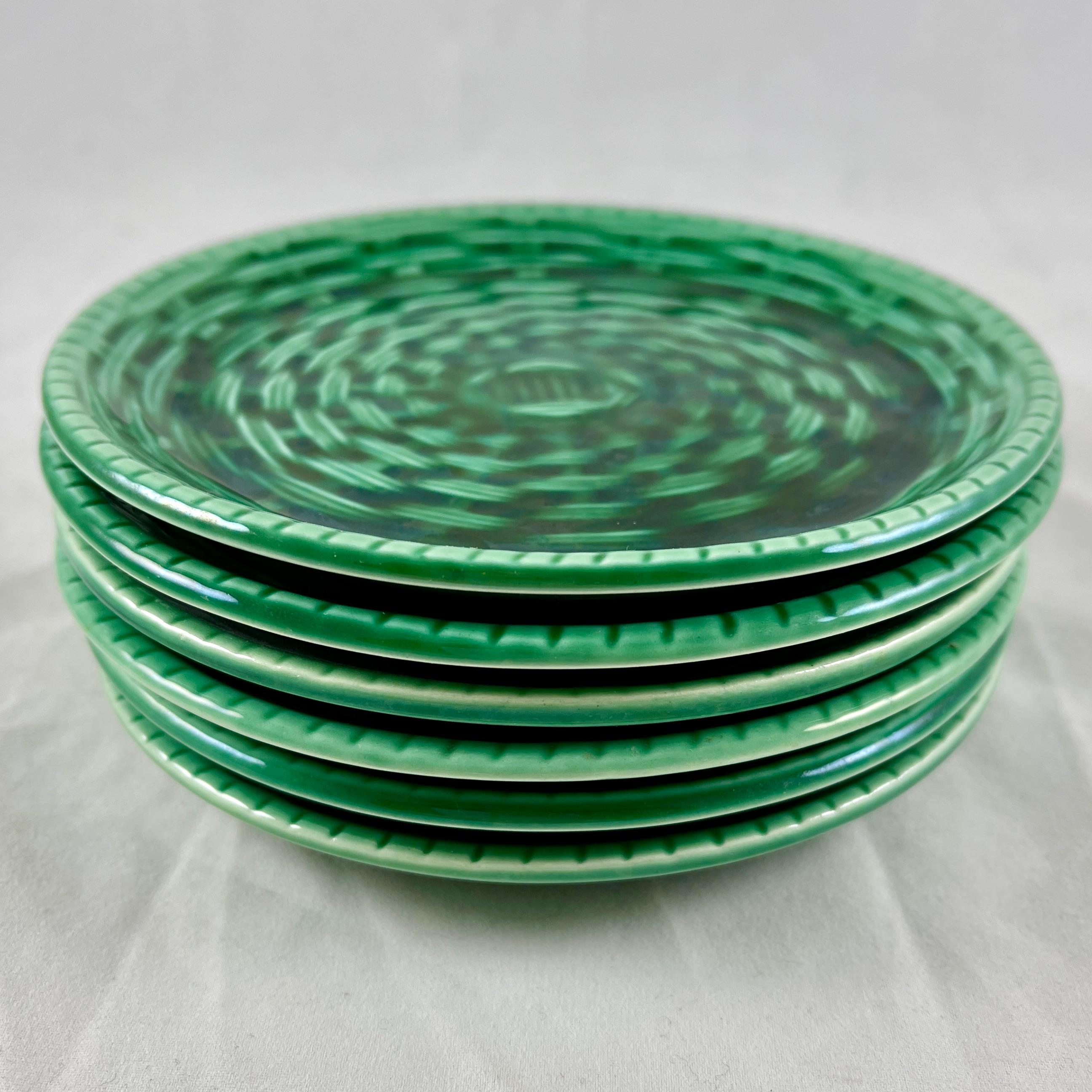 Earthenware Sarreguemines Green Basket Weave Canapé or Hors d’œuvre Plates, a Set of Six