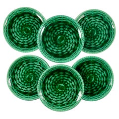 Sarreguemines Green Basket Weave Canapé or Hors d’œuvre Plates, a Set of Six