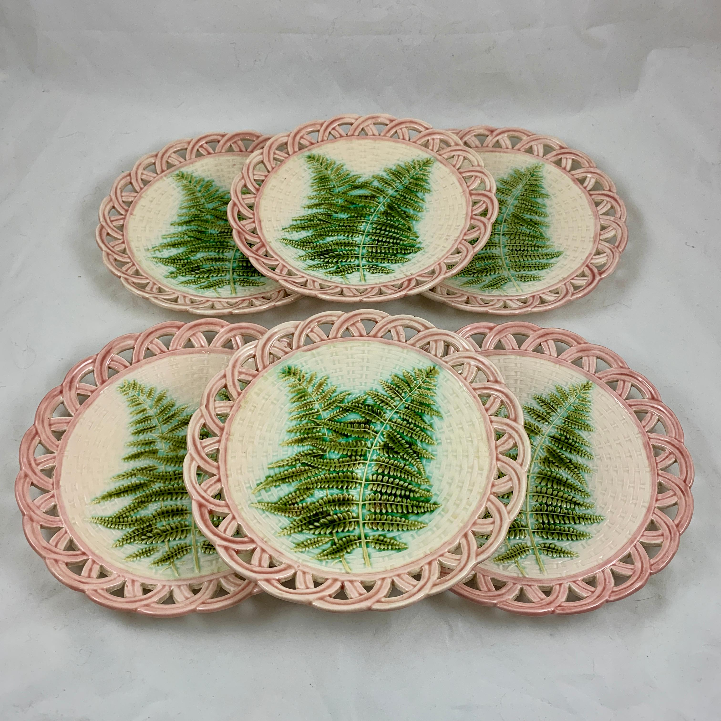 Sarreguemines Green Fern Pink Reticulated Rim French Faïence Majolica Plates S/6 3