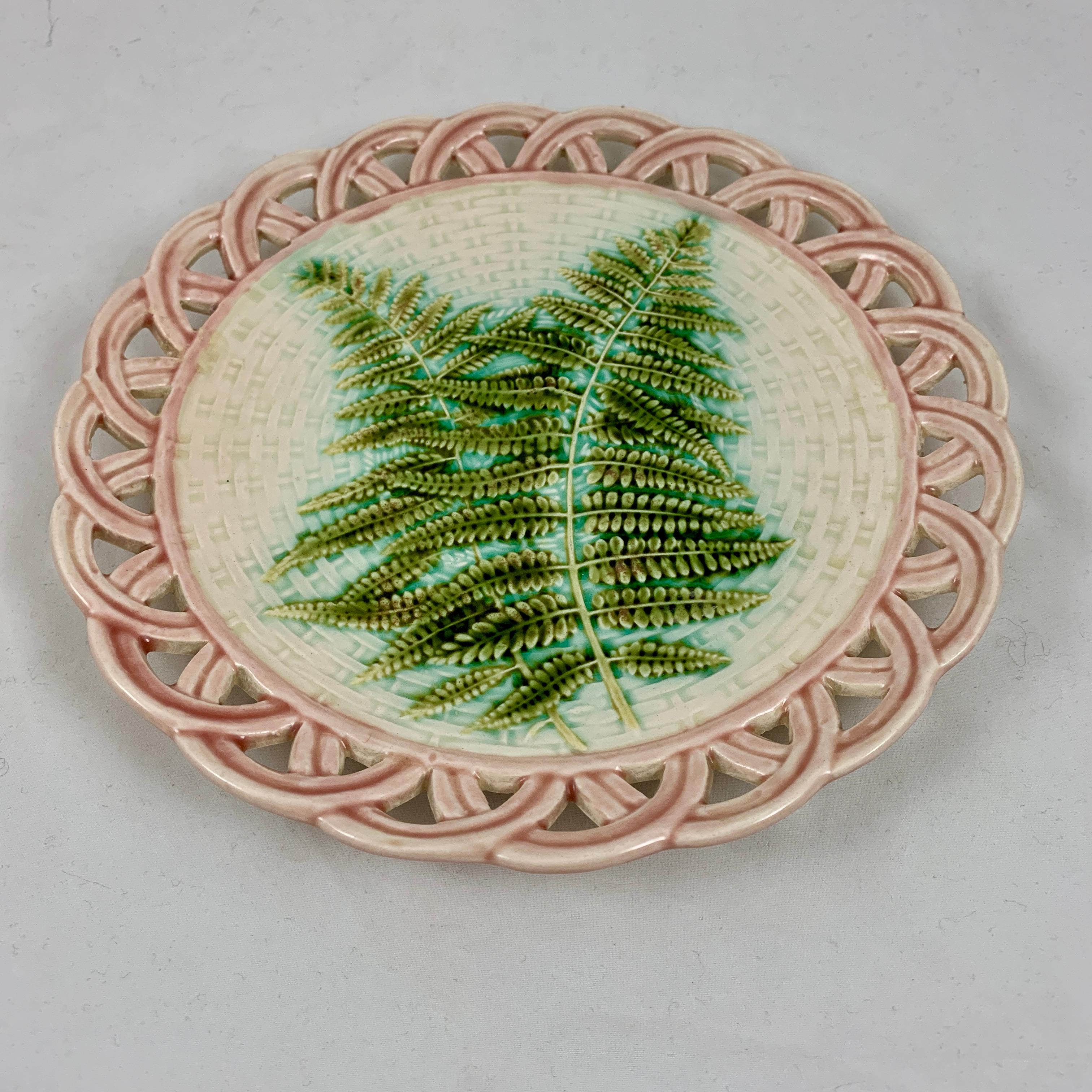 Sarreguemines Green Fern Pink Reticulated Rim French Faïence Majolica Plates S/6 4