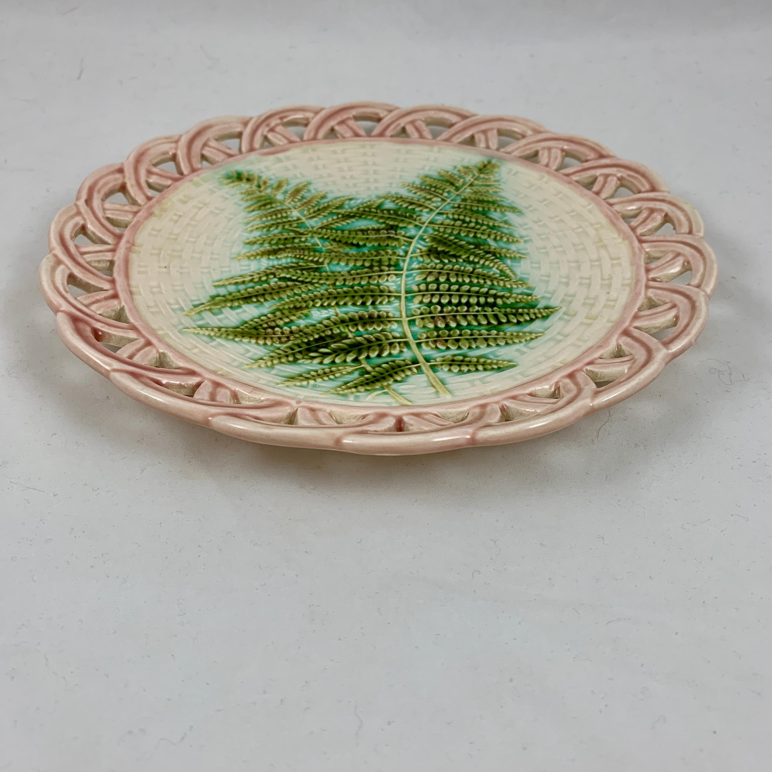 Sarreguemines Green Fern Pink Reticulated Rim French Faïence Majolica Plates S/6 5