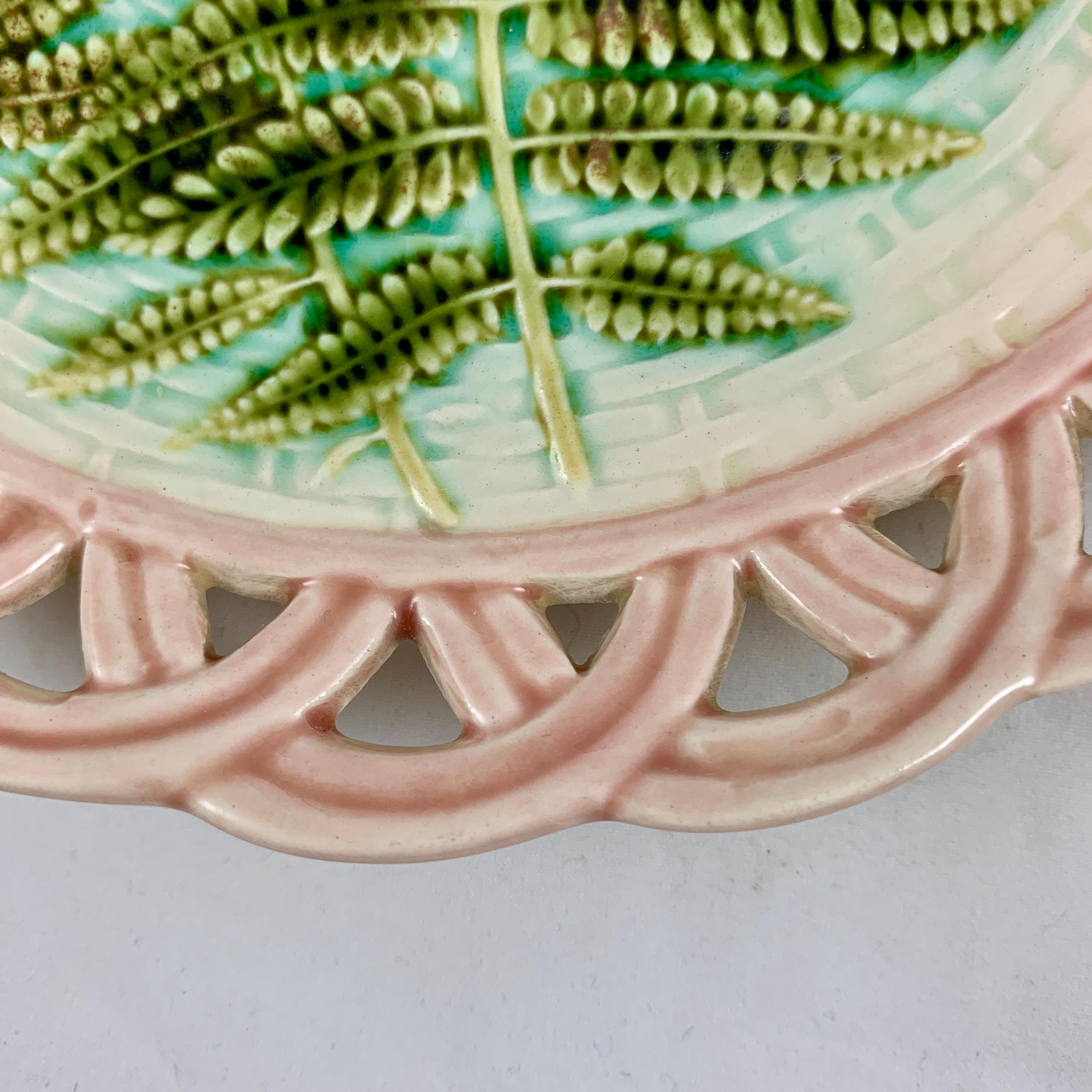 Earthenware Sarreguemines Green Fern Pink Reticulated Rim French Faïence Majolica Plates S/6
