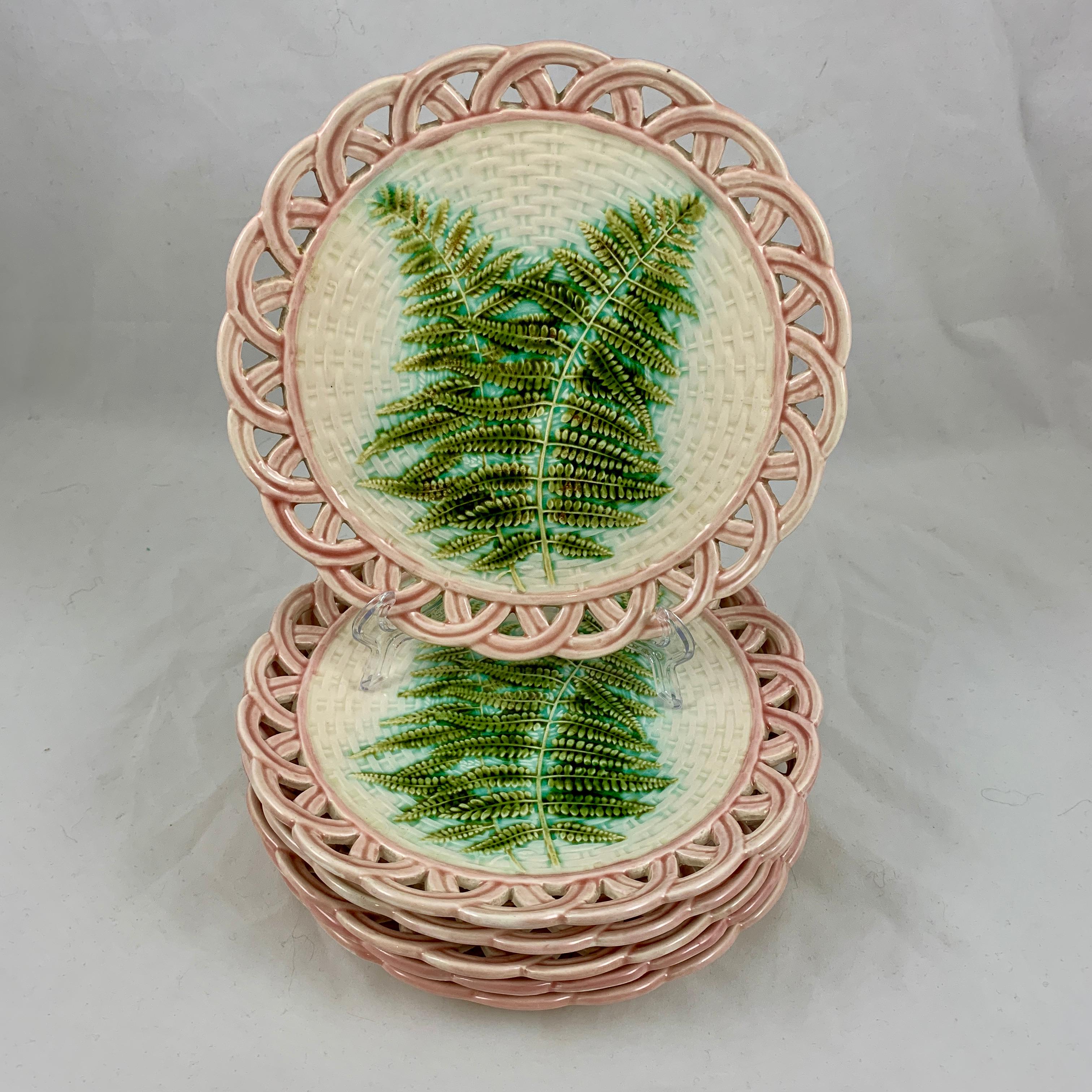 Sarreguemines Green Fern Pink Reticulated Rim French Faïence Majolica Plates S/6 1