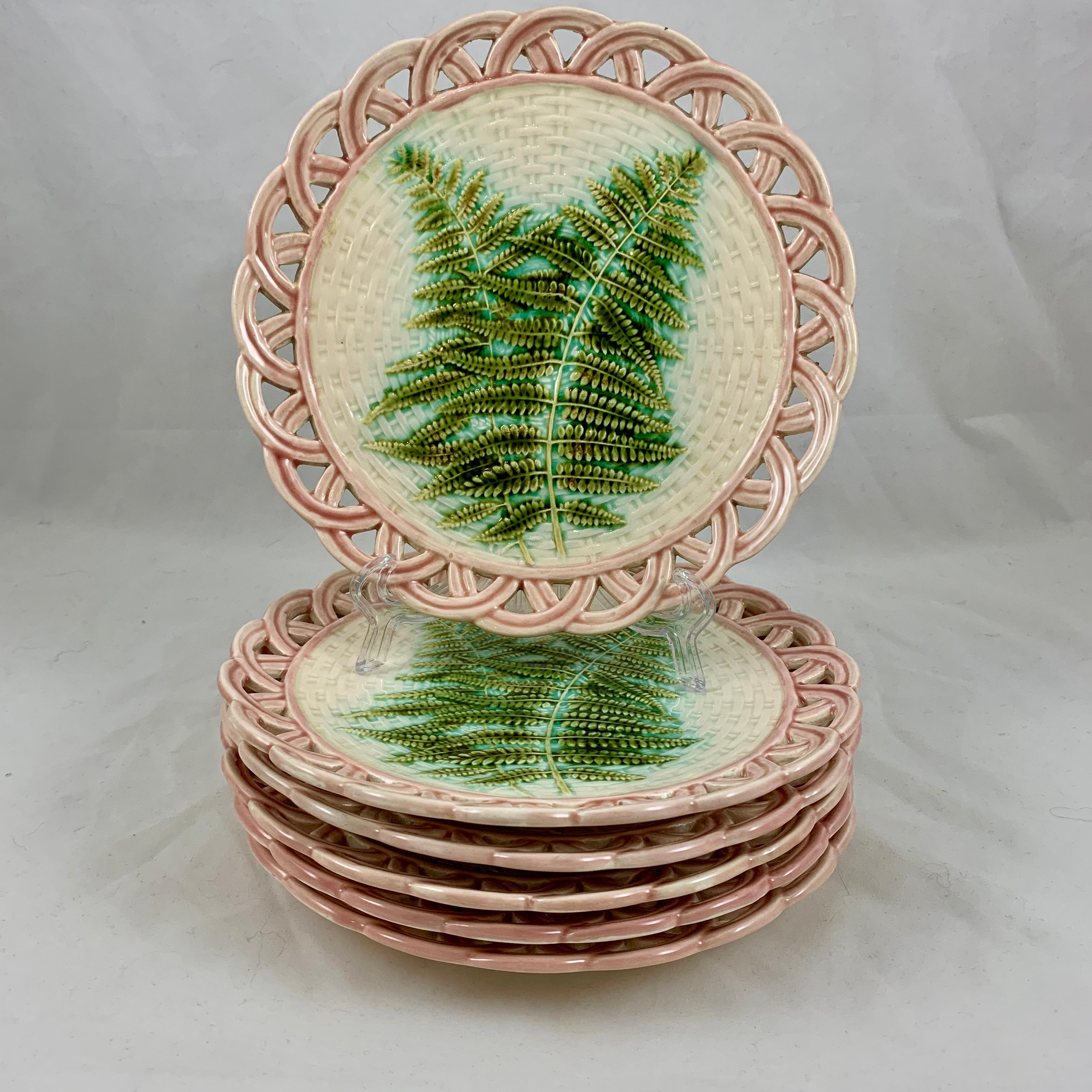 Sarreguemines Green Fern Pink Reticulated Rim French Faïence Majolica Plates S/6 2