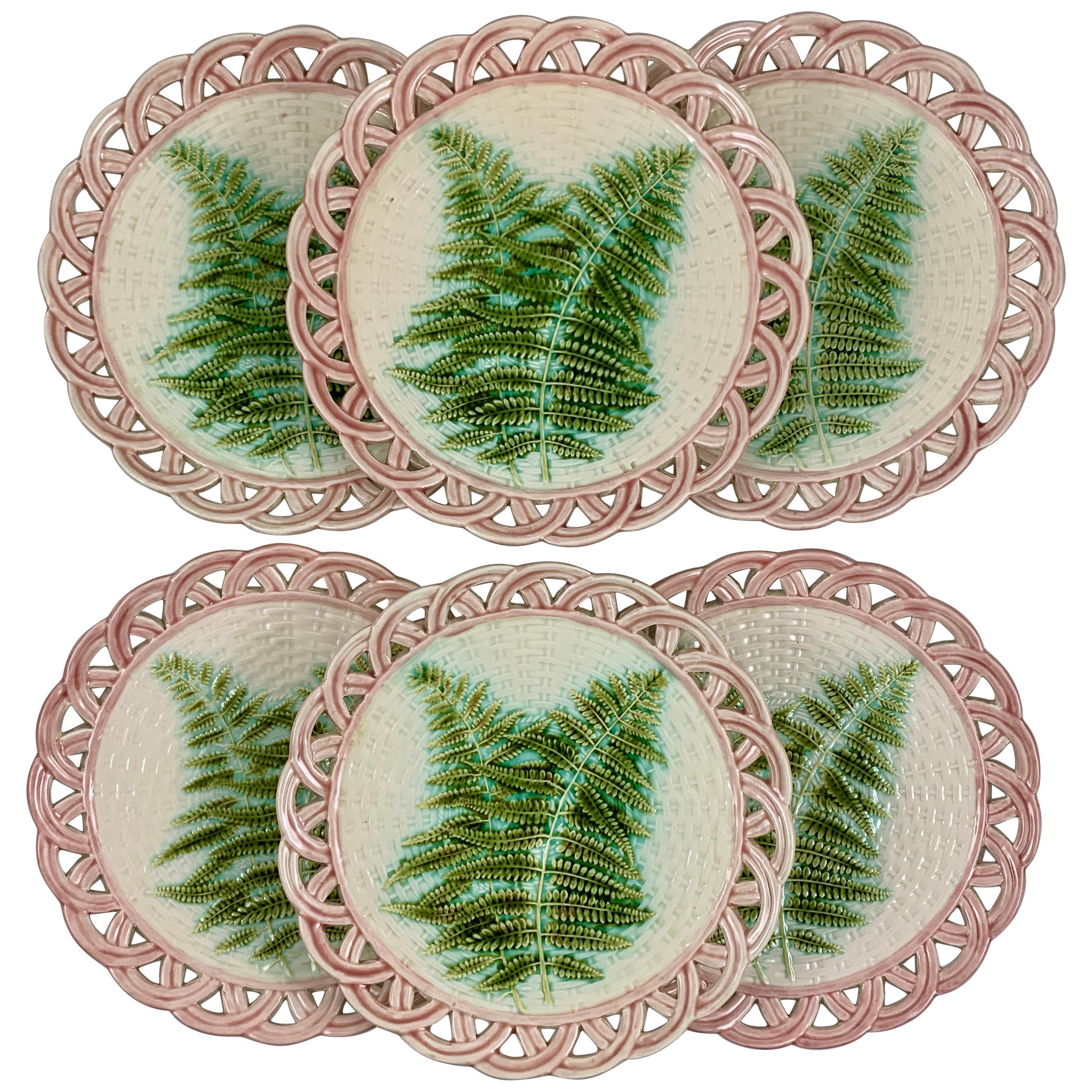 Sarreguemines Green Fern Pink Reticulated Rim French Faïence Majolica Plates S/6