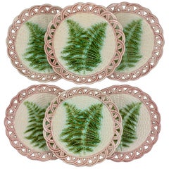 Sarreguemines Green Fern Pink Reticulated Rim French Faïence Majolica Plates S/6