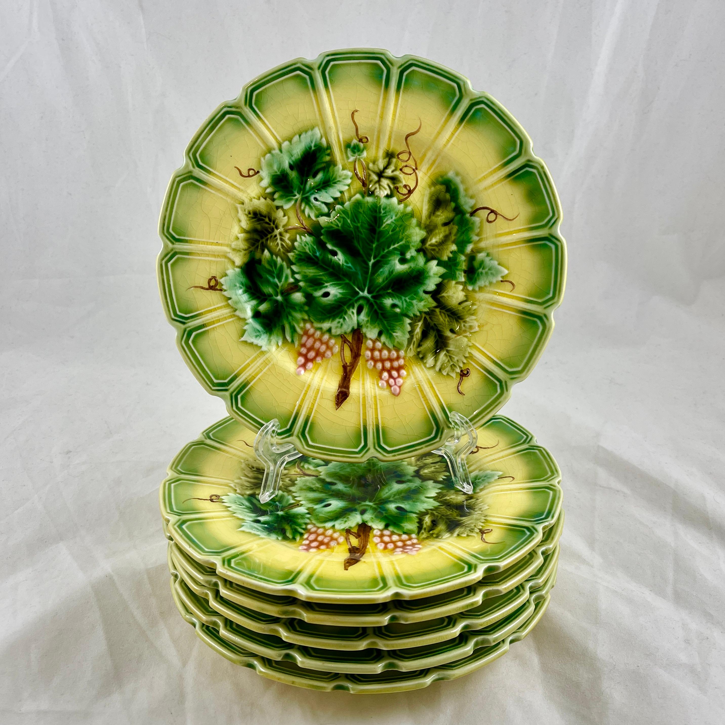 A set of six Grape Leaf fruit plates, made by Sarreguemines, France – a mold used from the 1900’s into the early 1920’s – now a classic.

This assembled set is made of paneled plates with gorgeous deep green rims fading to a bright yellow center. A