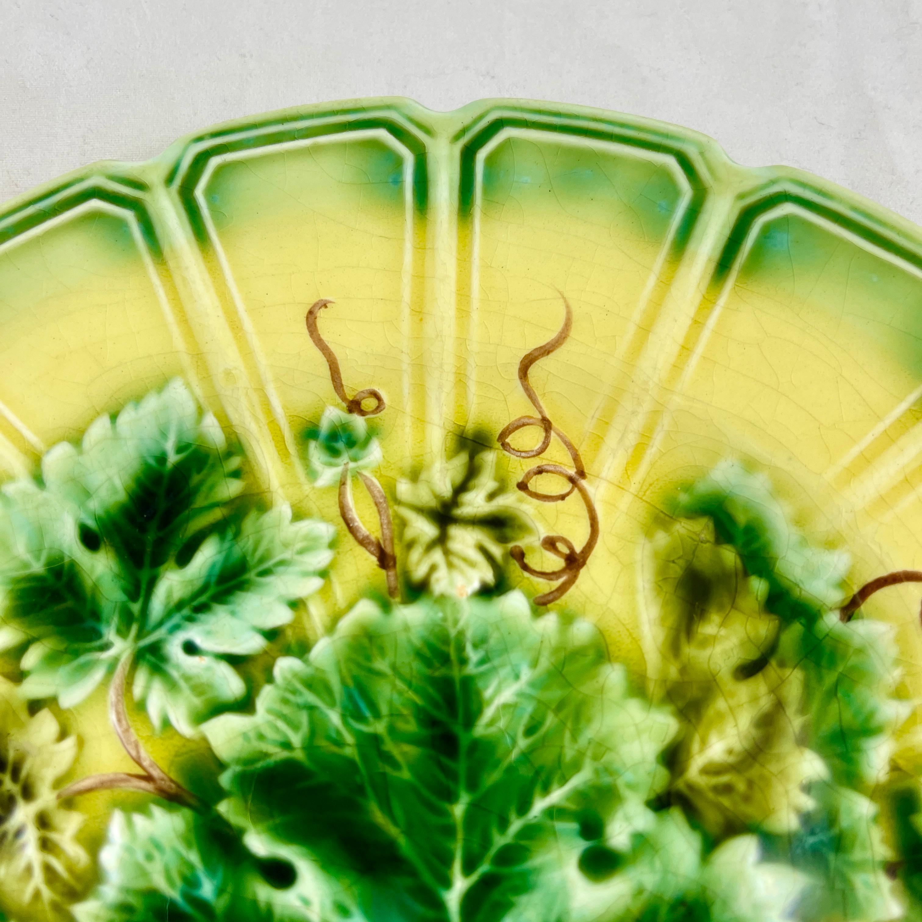 Sarreguemines Green Grape Leaf Paneled Rim French Faïence Majolica Plates, S/6 1