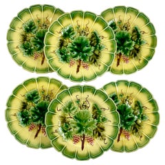 Sarreguemines Green Grape Leaf Paneled Rim French Faïence Majolica Plates, S/6