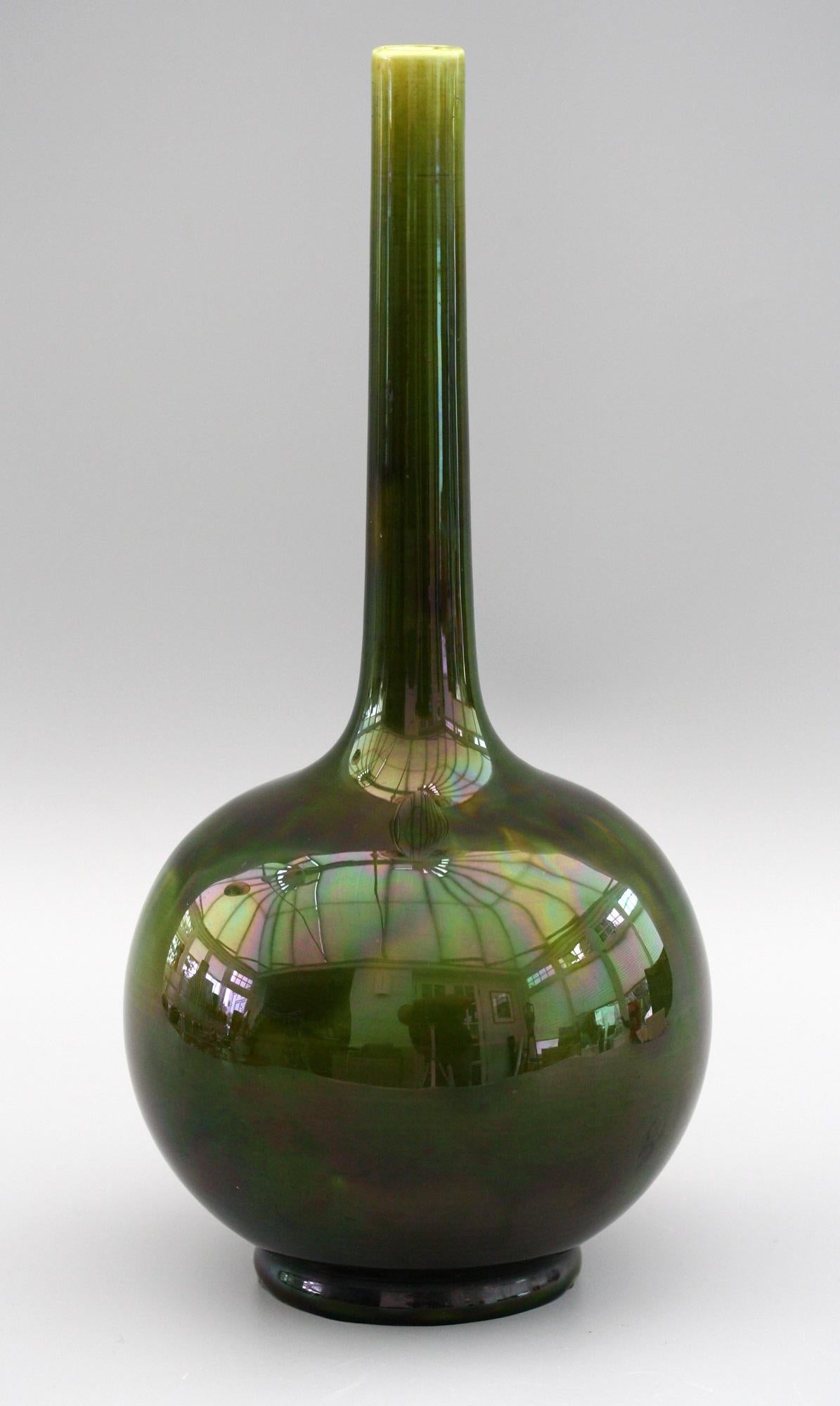 Pottery Sarreguemines Majolica Green Lustre Glazed Bottle Vase, 19th Century