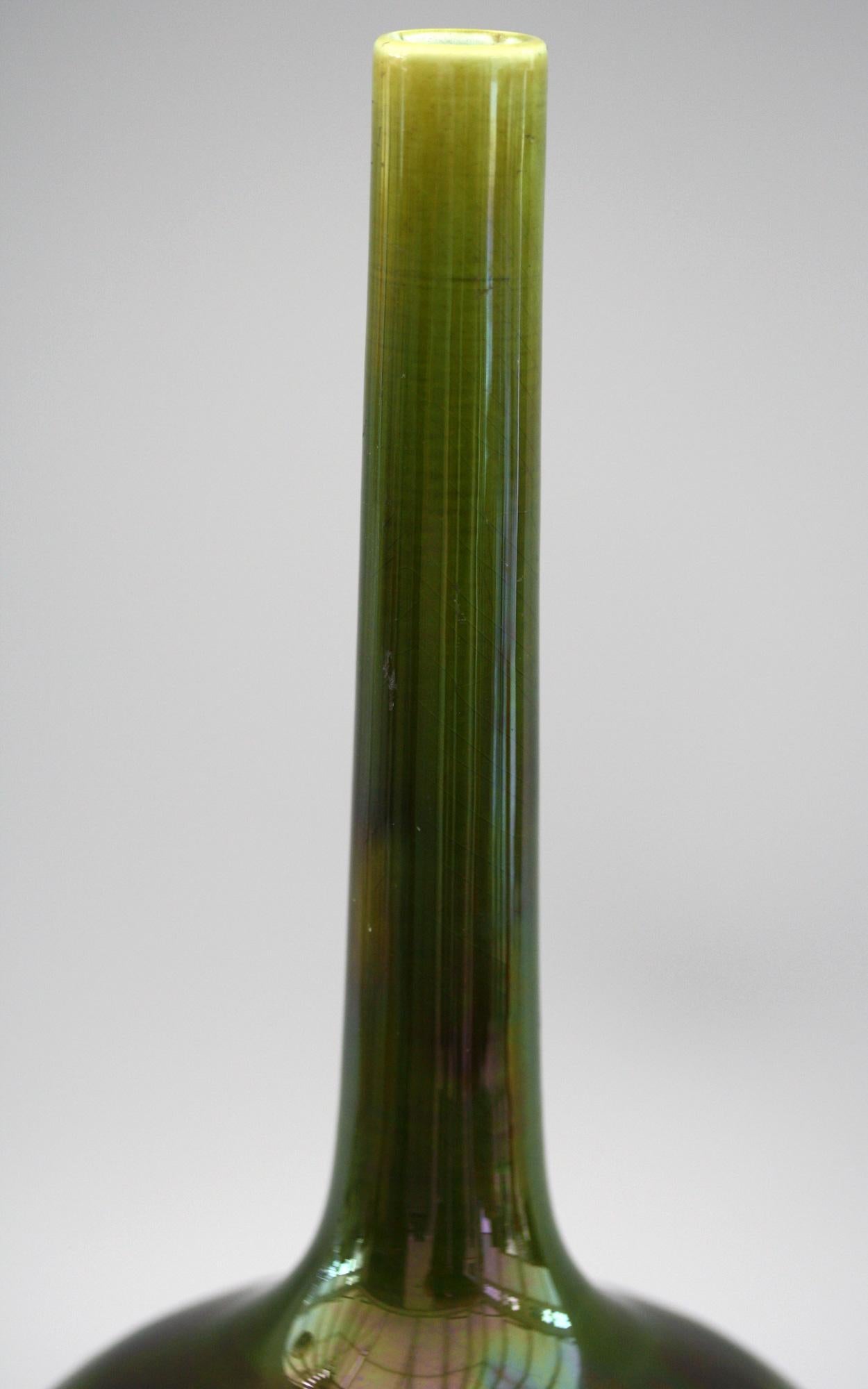 Sarreguemines Majolica Green Lustre Glazed Bottle Vase, 19th Century 1