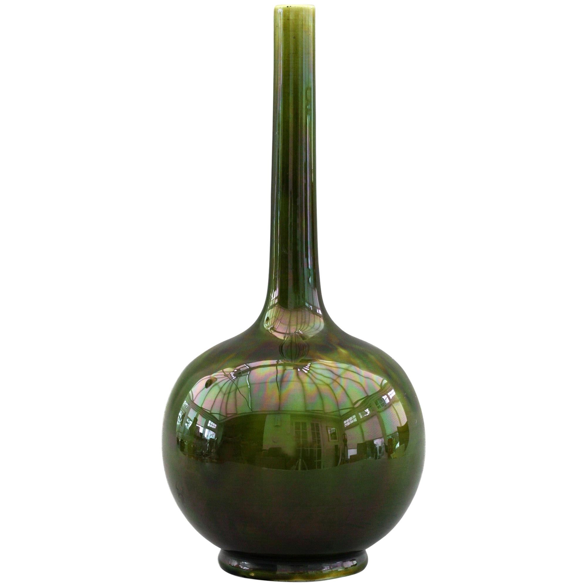 Sarreguemines Majolica Green Lustre Glazed Bottle Vase, 19th Century