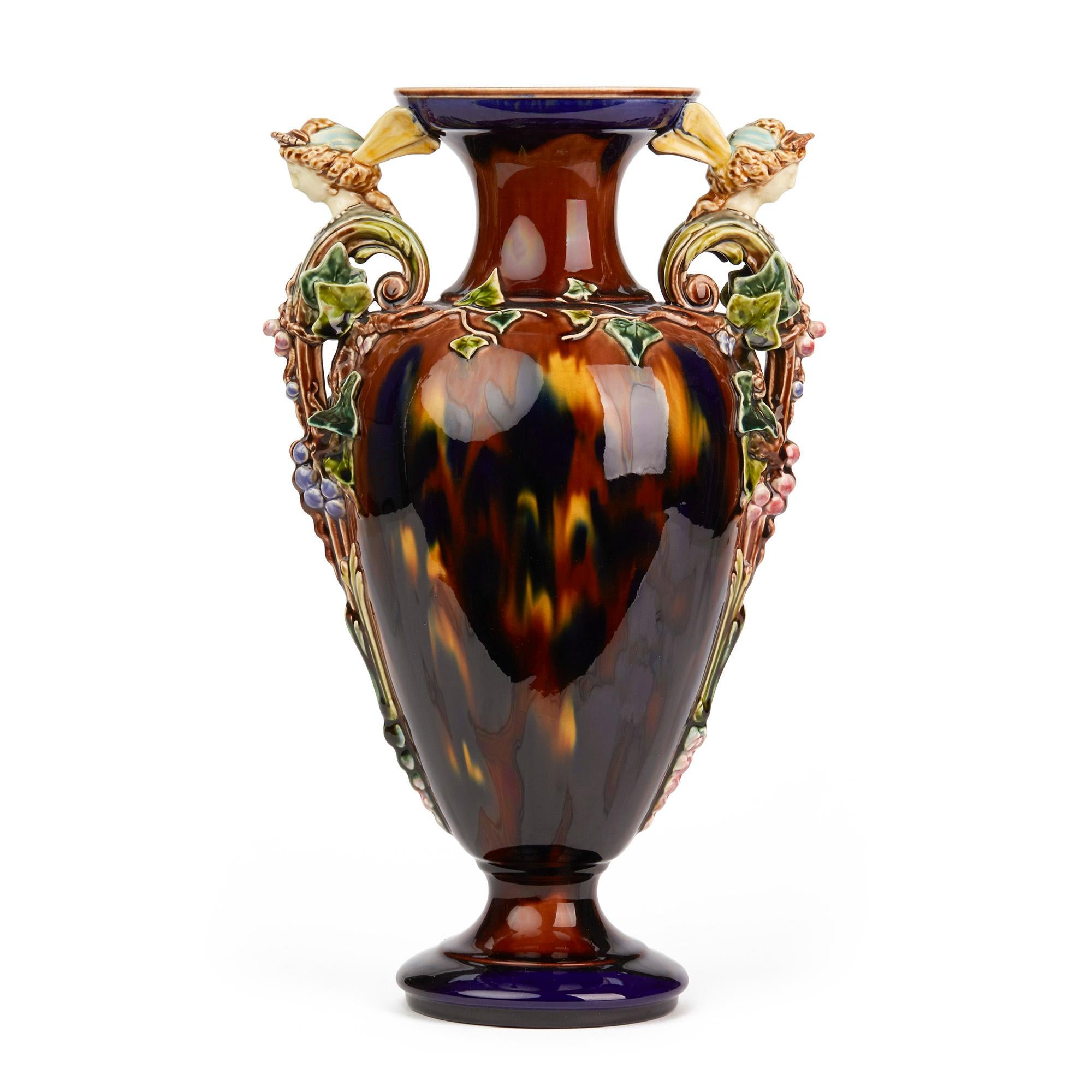 Ceramic Sarreguemines Majolica Large Exhibition Vase with Figural Handles