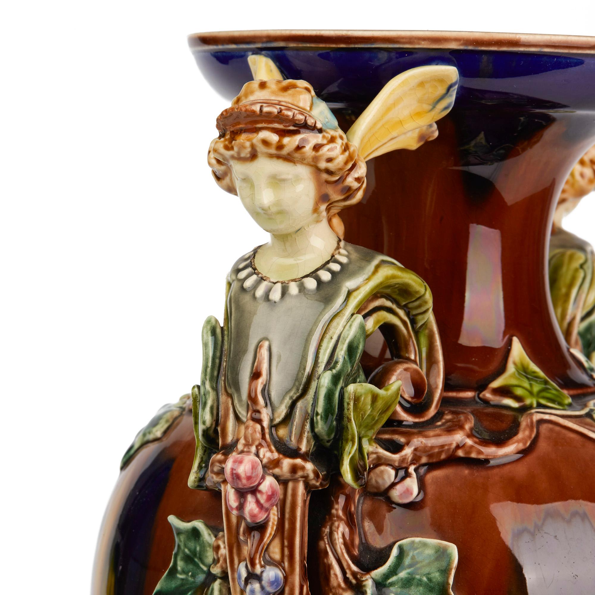 Art Nouveau Sarreguemines Majolica Large Exhibition Vase with Figural Handles