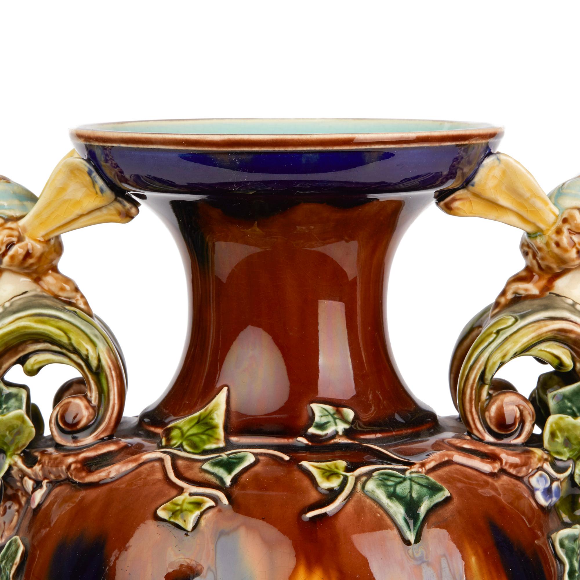French Sarreguemines Majolica Large Exhibition Vase with Figural Handles