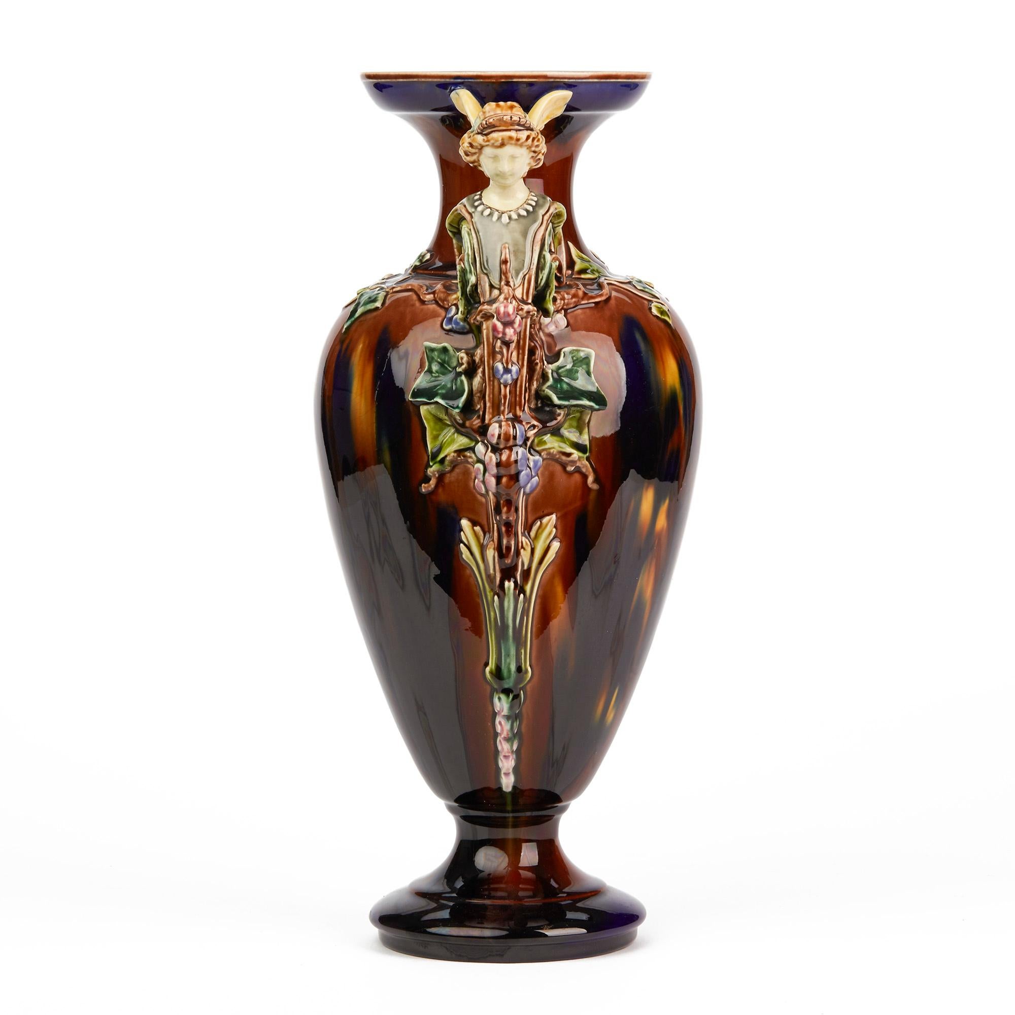 Late 19th Century Sarreguemines Majolica Large Exhibition Vase with Figural Handles