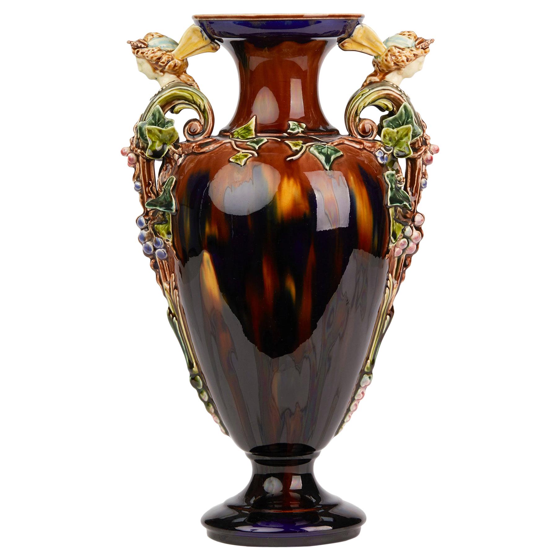 Sarreguemines Majolica Large Exhibition Vase with Figural Handles