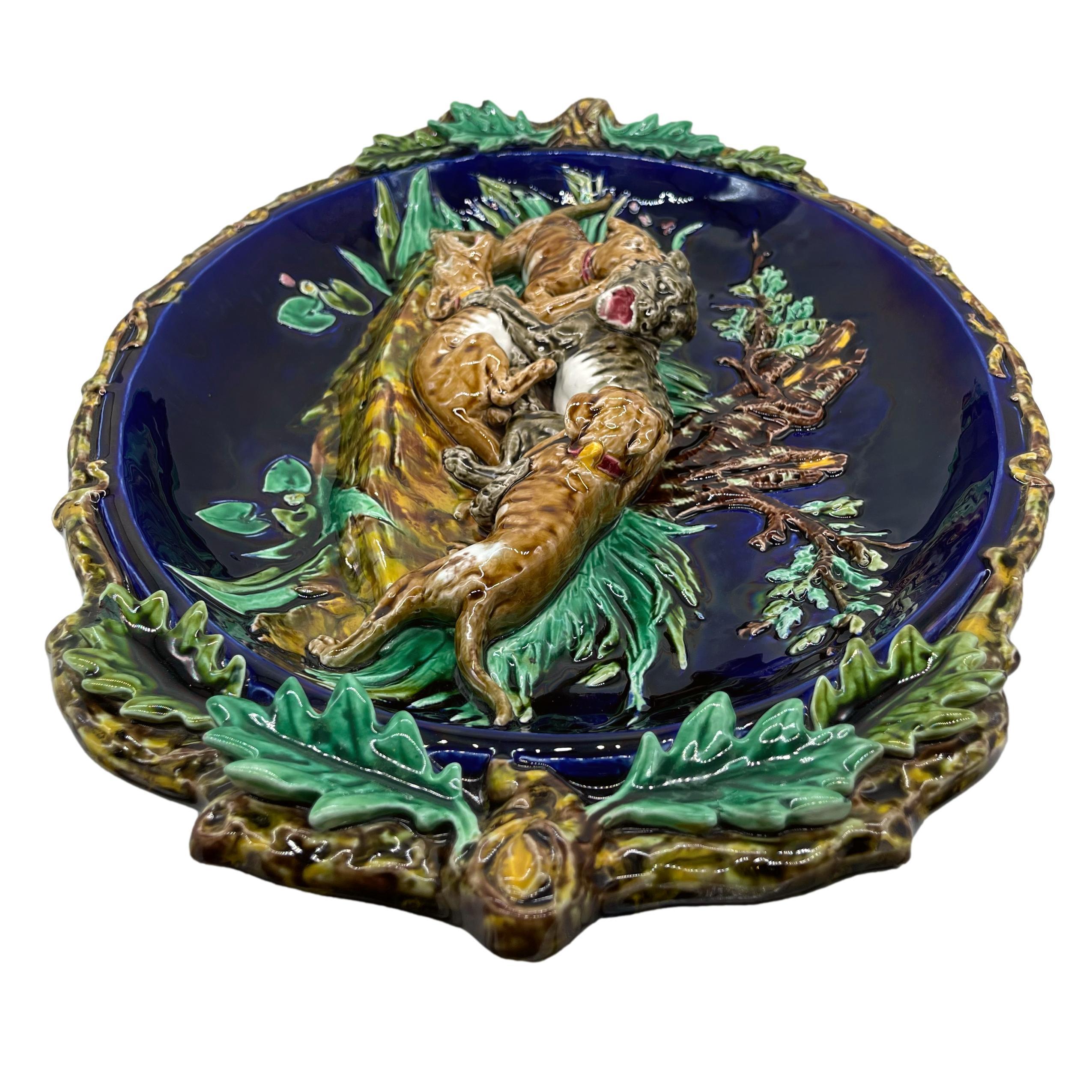 Molded Sarreguemines Majolica Large Trompe L'oeil Hunt Plaque, Ca. 1870