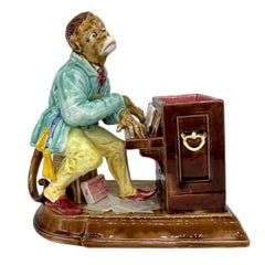 Sarreguemines Majolica Organ Grinder Monkey Figural Smoking Stand, French, 1880