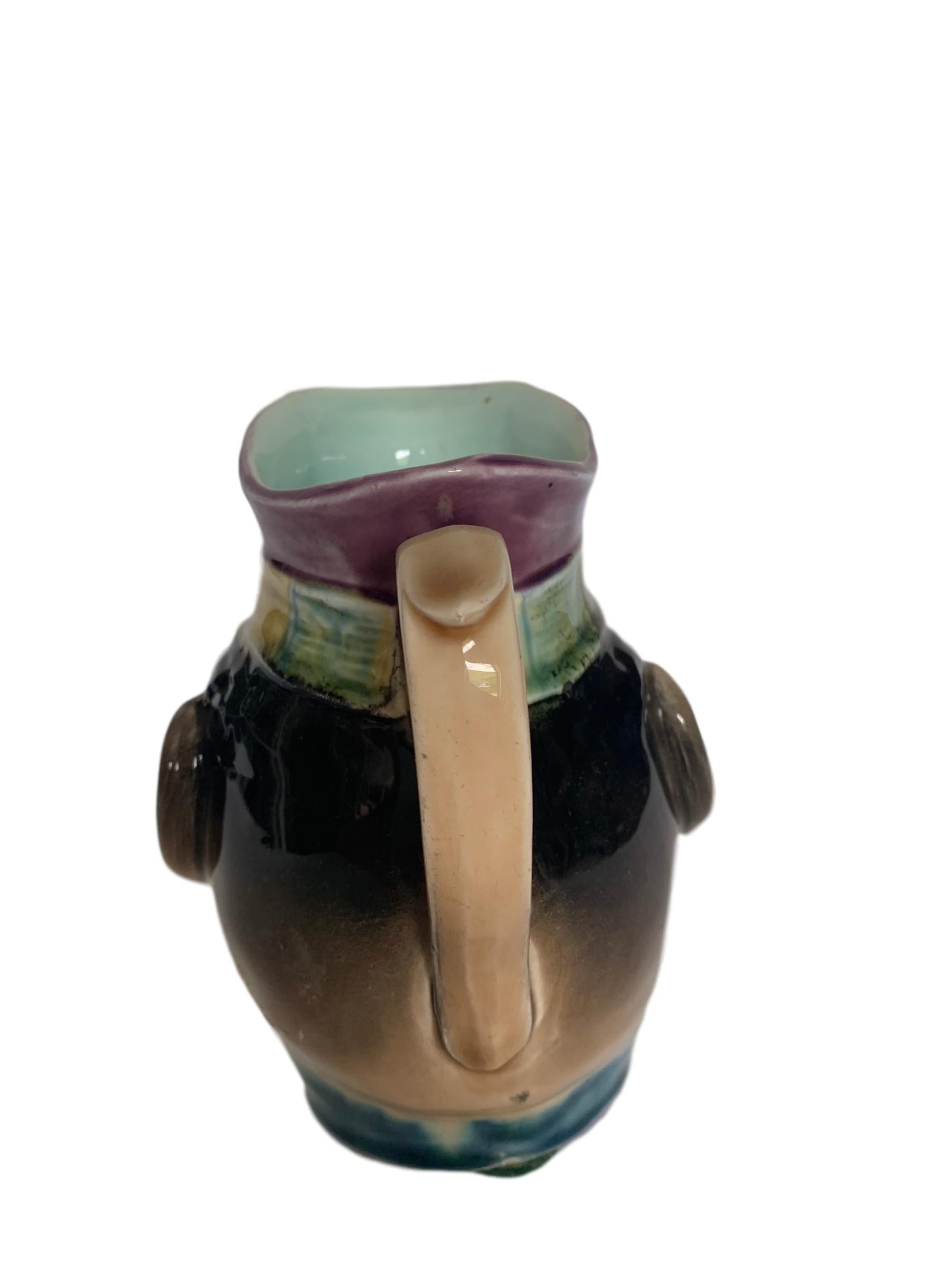 French Sarreguemines, Majolica Small Character Jug, France, circa 1880 For Sale