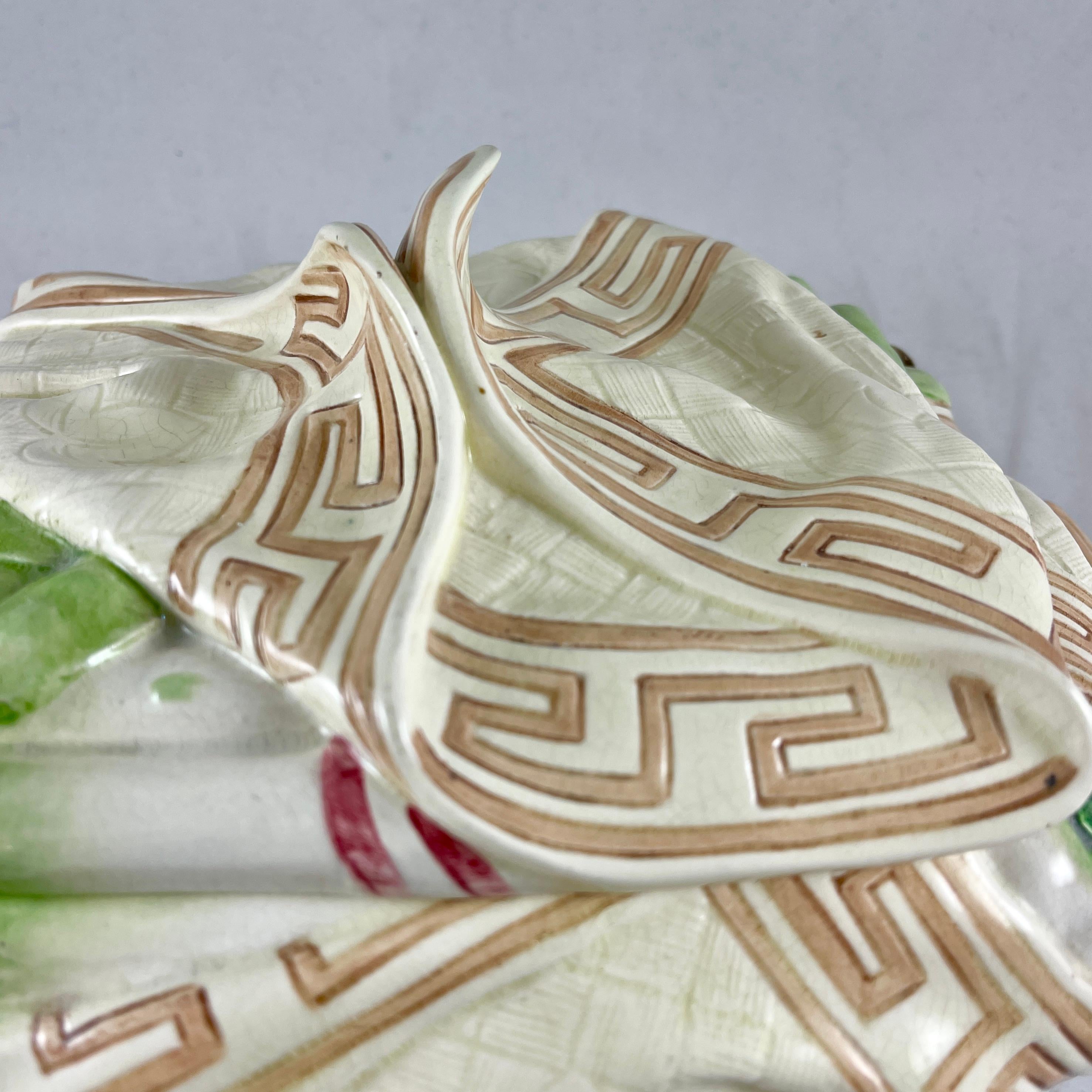 Sarreguemines Majolica Trompe L’Oeil Greek Key Napkin Covered Asparagus Tureen For Sale 4