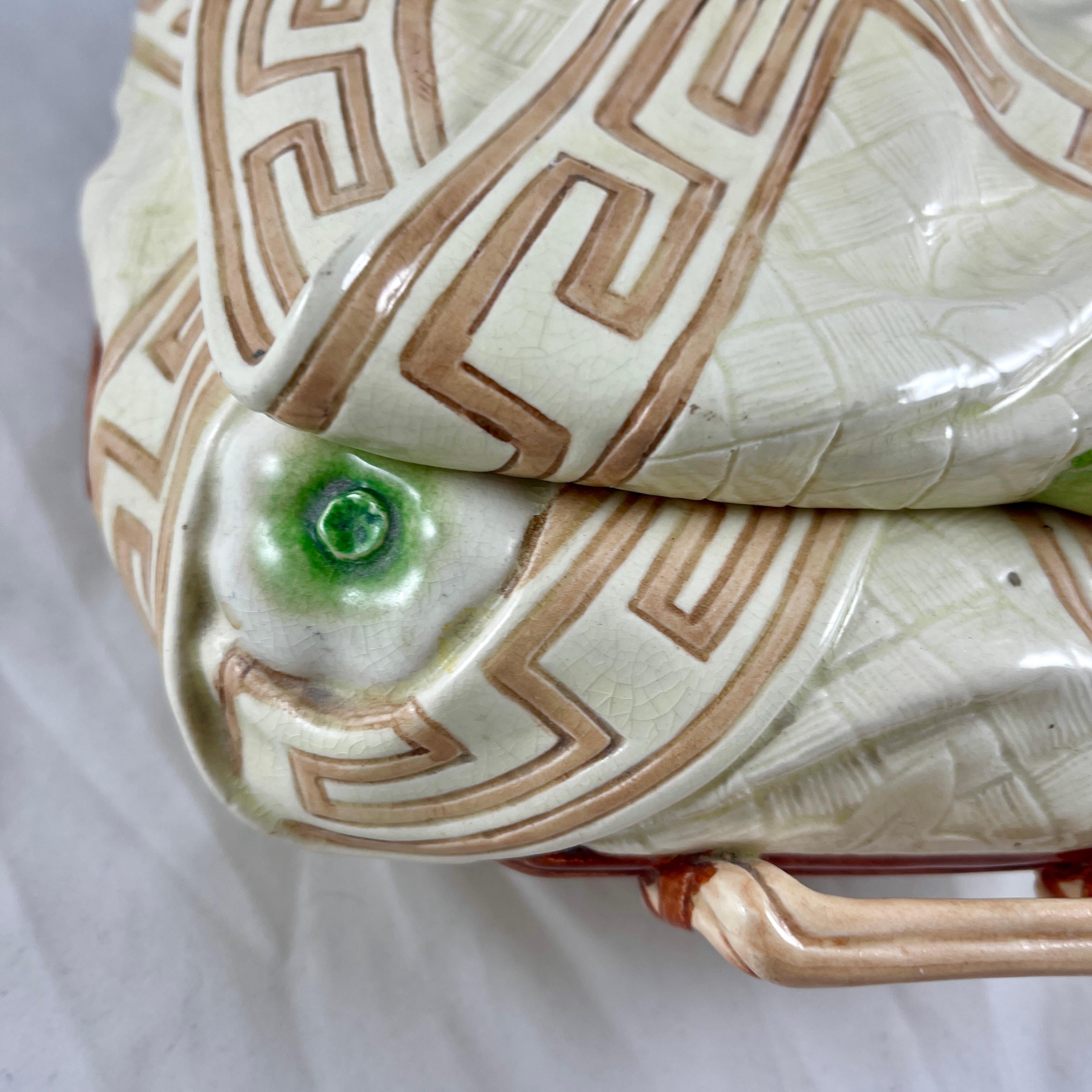 Sarreguemines Majolica Trompe L’Oeil Greek Key Napkin Covered Asparagus Tureen For Sale 5