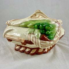 Sarreguemines Majolica Trompe L’Oeil Greek Key Napkin Covered Asparagus Tureen