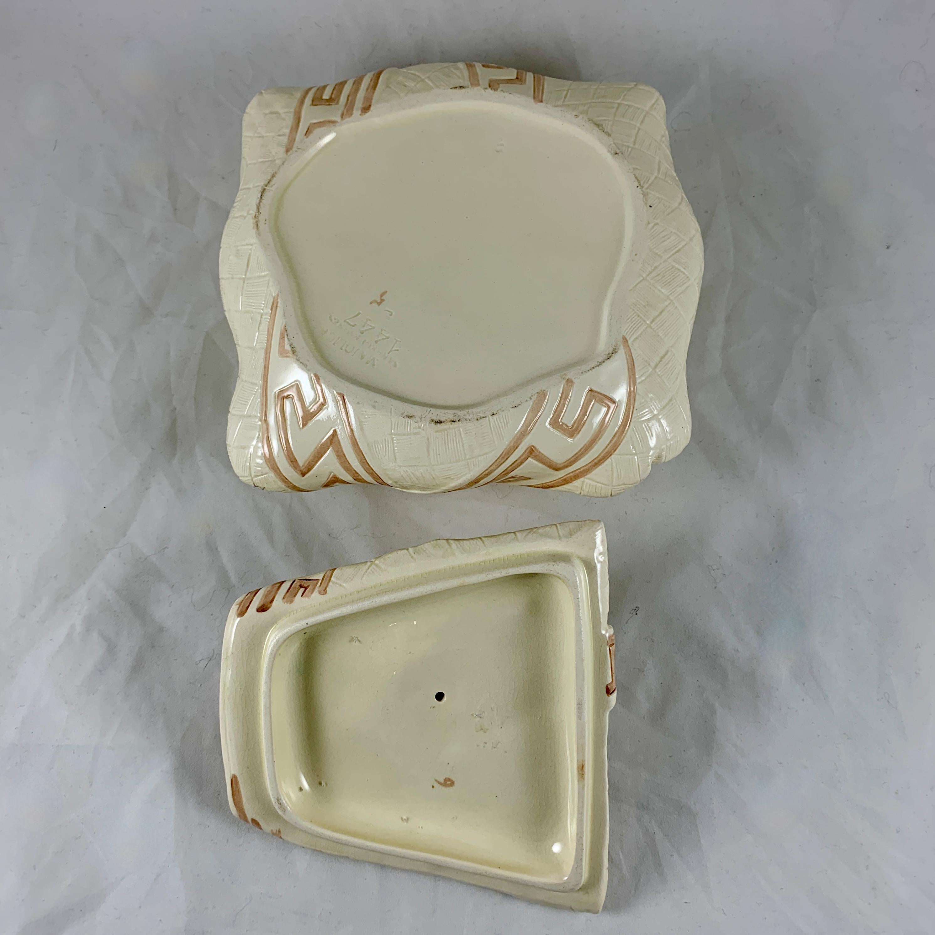 Sarreguemines Majolica Trompe L’Oeil Greek Key Napkin Egg Box Pâté Terrine For Sale 5