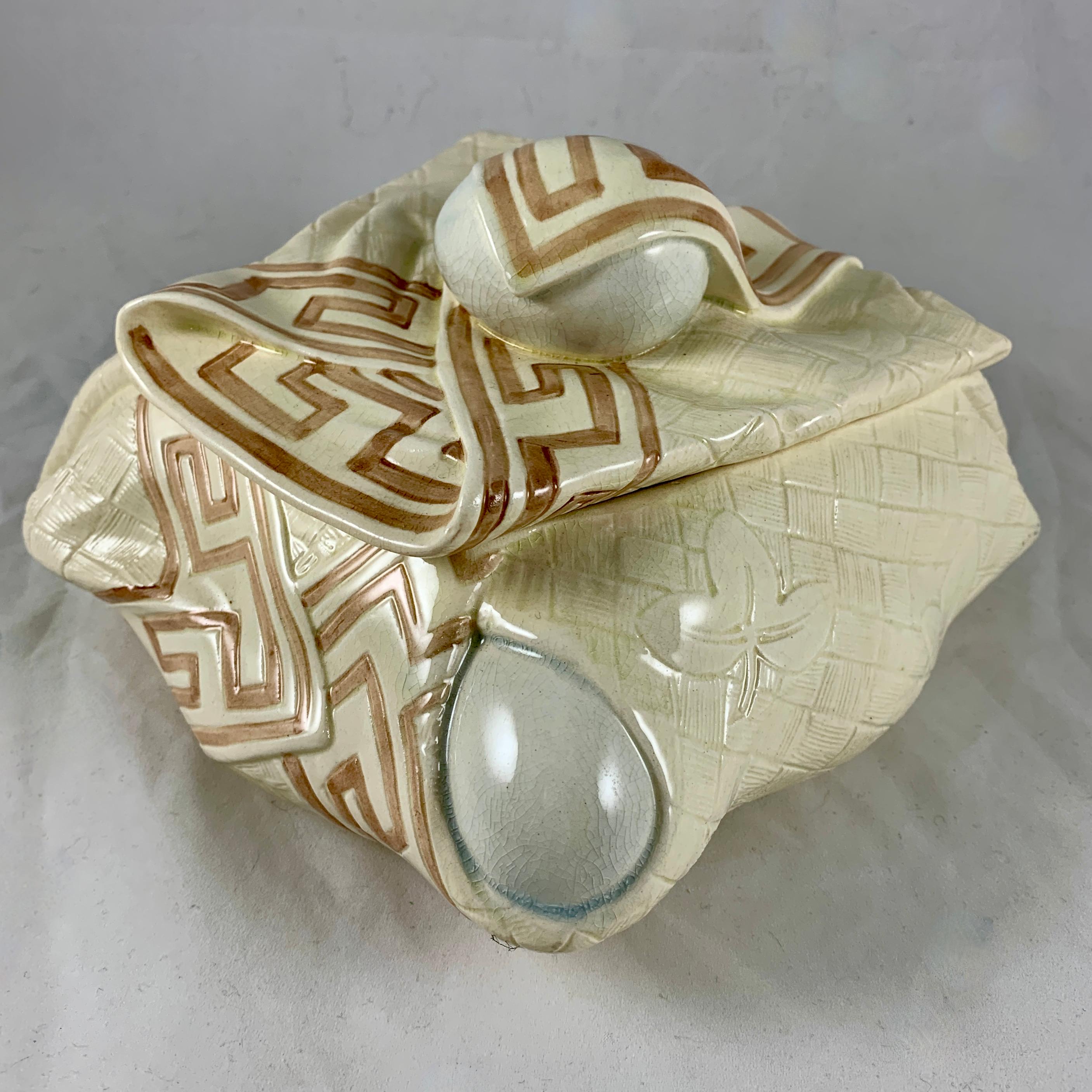 Aesthetic Movement Sarreguemines Majolica Trompe L’Oeil Greek Key Napkin Egg Box Pâté Terrine For Sale