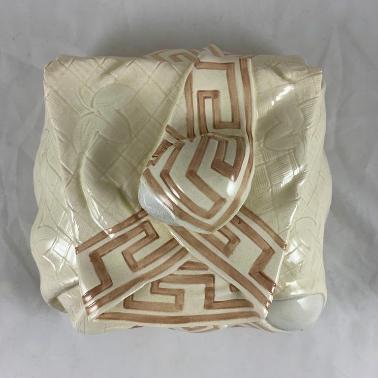 Sarreguemines Majolica Trompe L’Oeil Greek Key Napkin Egg Box Pâté