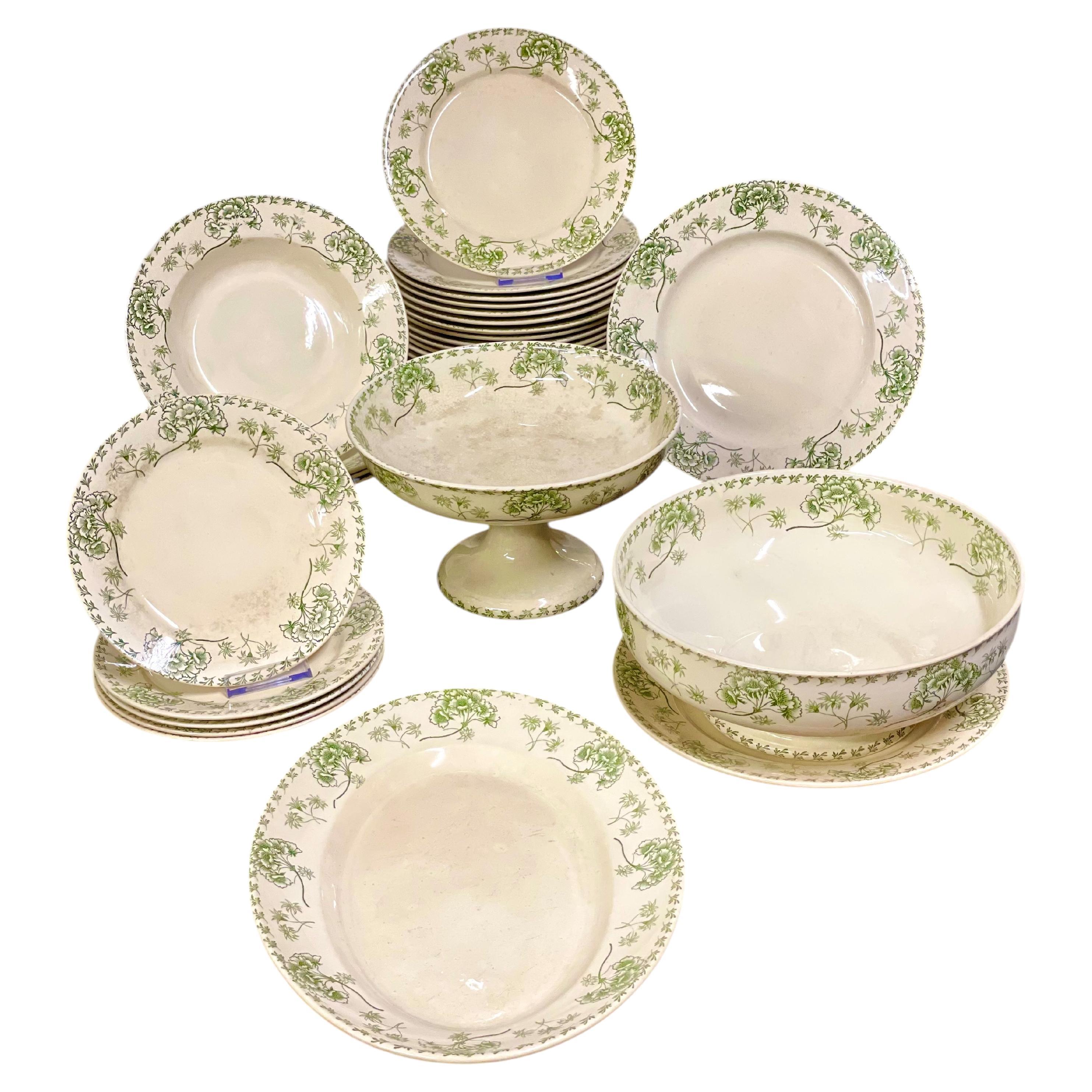 Vajilla Antigua Francesa Palmyre Verde Floral Sarreguemines - 26 piezas en venta
