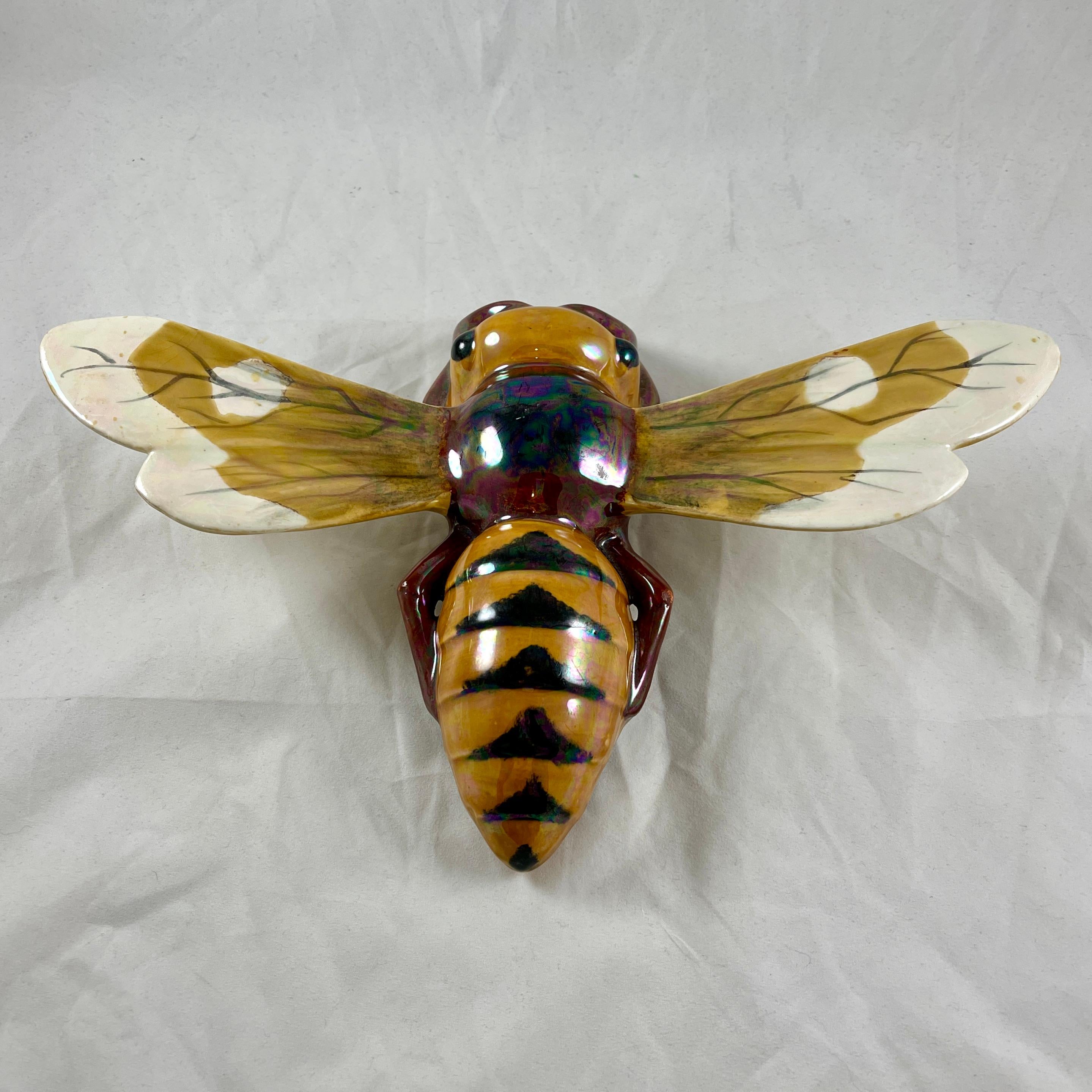 French Sarreguemines Super Large Iridescent Wasp Bee Wall Pocket, France 1910